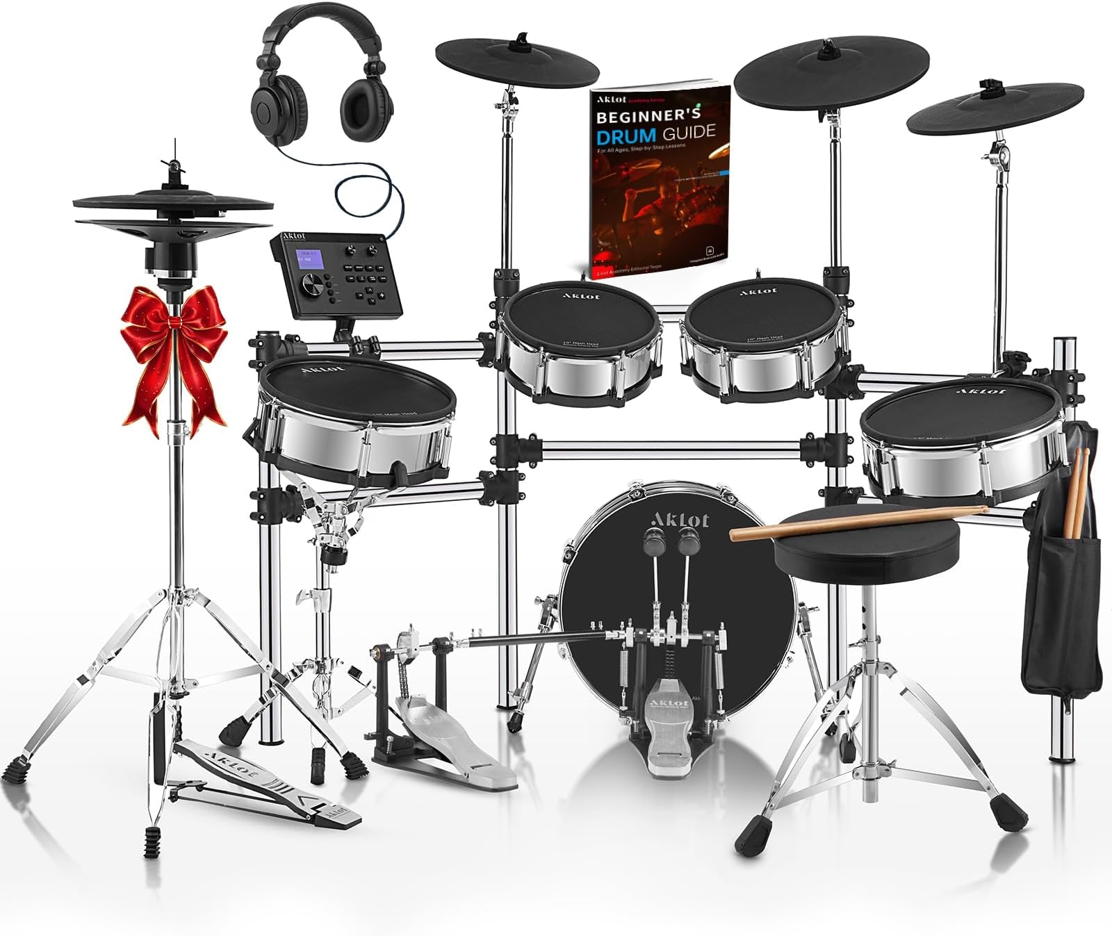 Acoustic-Style Electric Drum Set: Independent 16'' Wooden Double Pedal Bass Drum and 12'' Snare, Triple-Zone Ride Cymbal, Standalone Hi-Hat, Full Mesh Pads, 460 Sounds, USB MIDI (B-CORE543D)