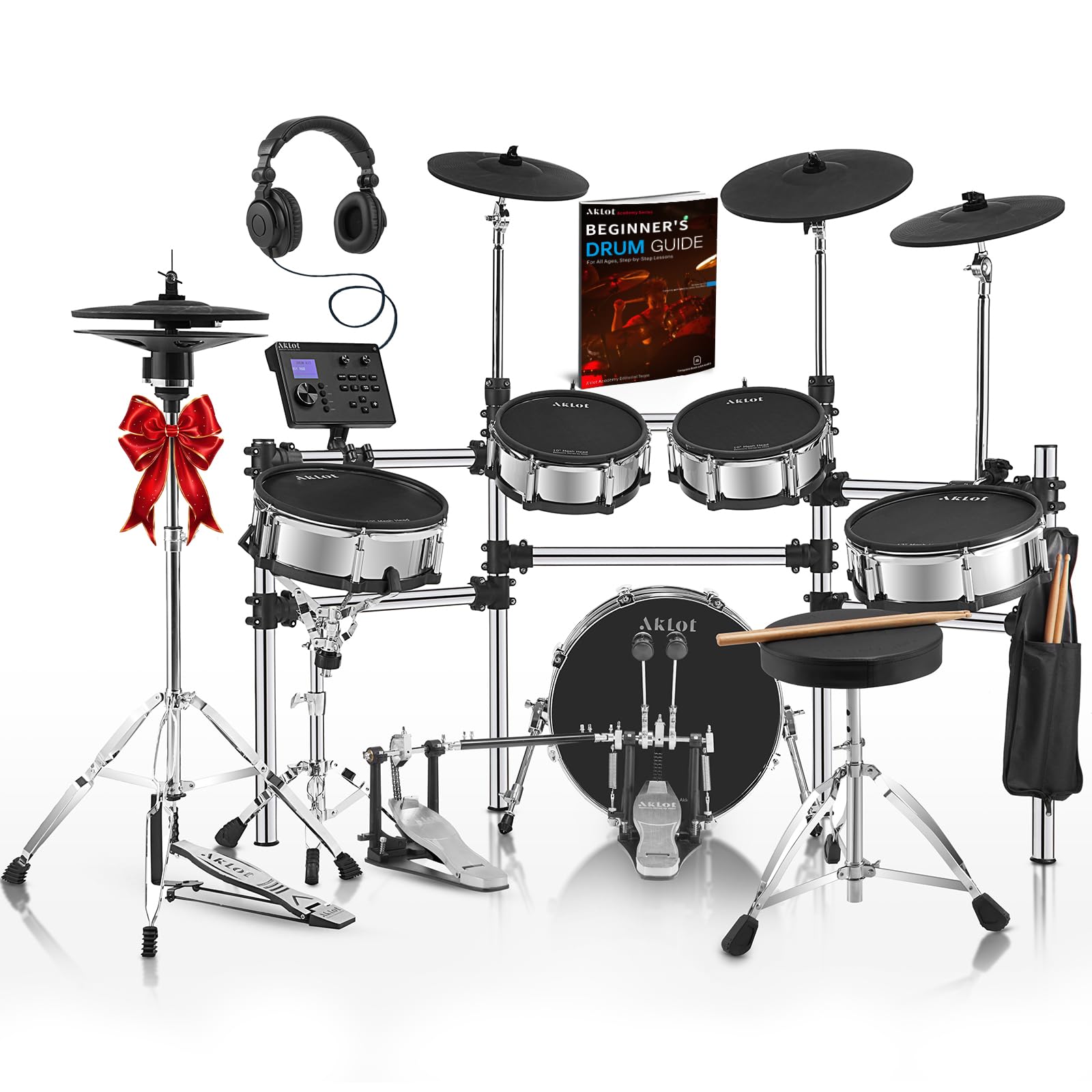 AKLOT Acoustic-Style Electric Drum Set: Independent 16'' Wooden Double Pedal Bass Drum and 12'' Snare, Triple-Zone Ride Cymbal, Standalone Hi-Hat, Full Mesh Pads, 460 Sounds, USB MIDI (B-CORE543D)