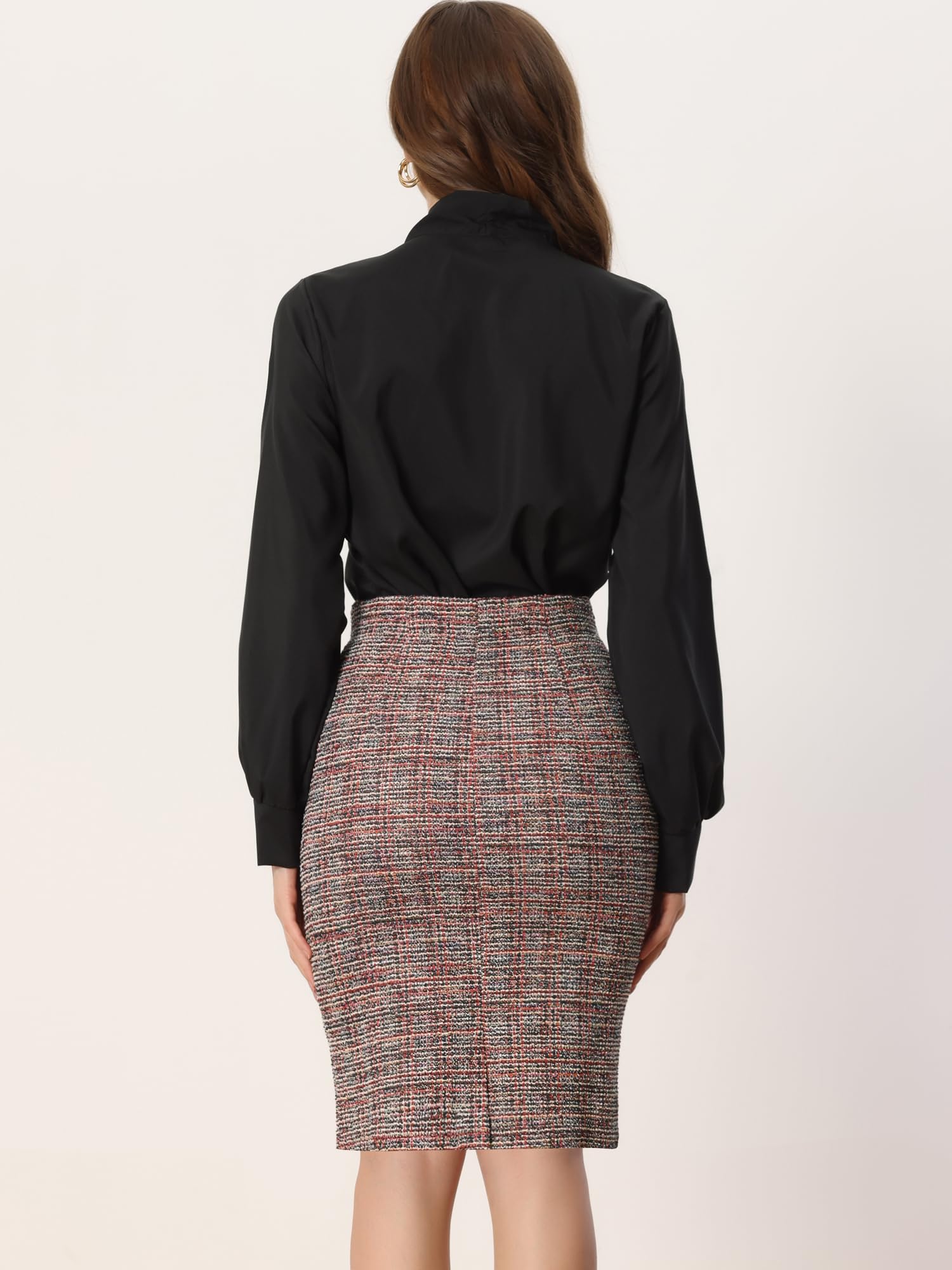 Allegra K Falda de Tweed a Cuadros para Mujer, Cintura Alta, Dividida, Informal, para Oficina, Faldas Cruzadas