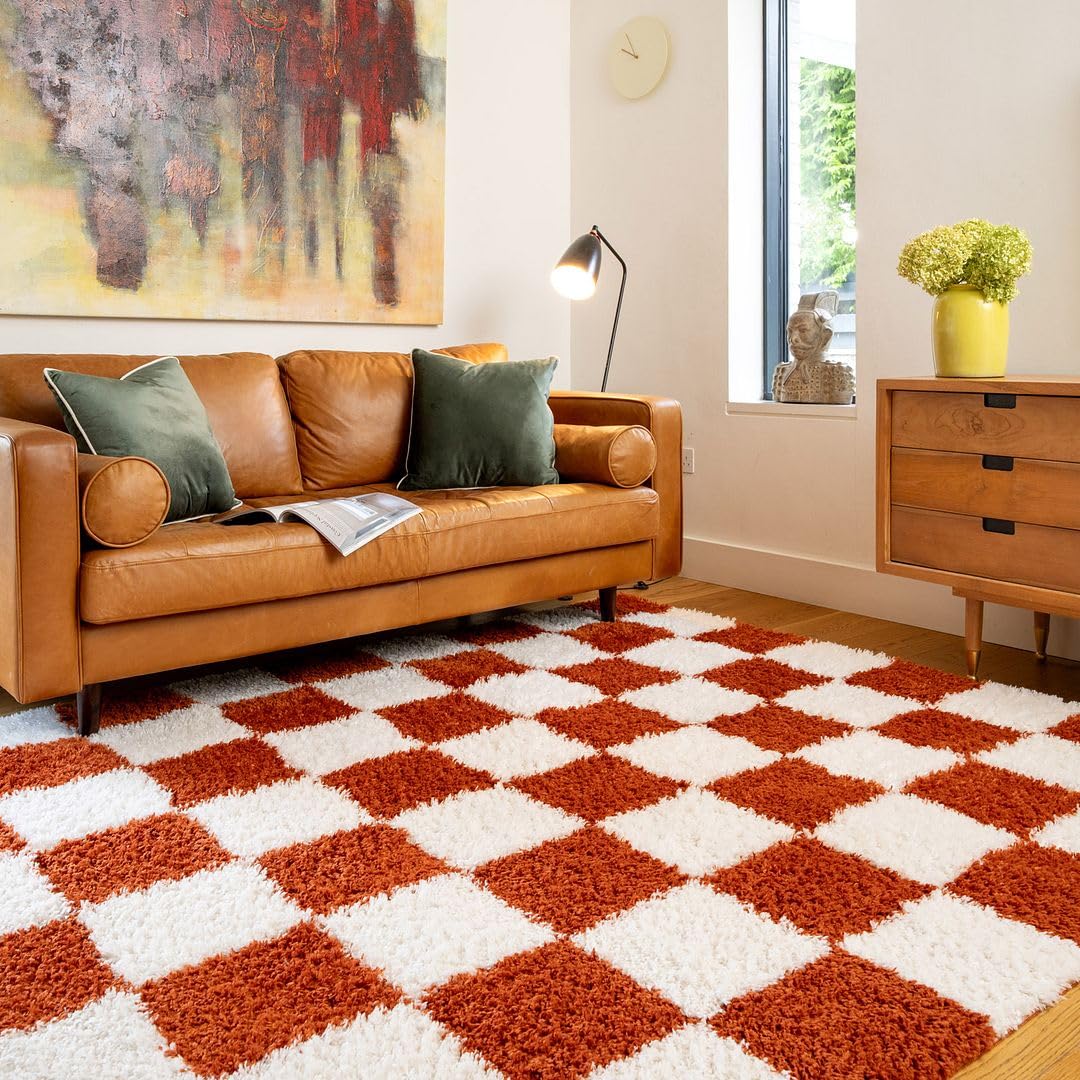 Modern Shaggy Rust Beige Terracotta Cream Retro Checker Design Soft Pile Mid Century Boho Funky Eclectic Style Cozy Warm Area Rug for Living Room Bedroom Rug 240cm x 330cm (7ft 10" x 10ft 10")