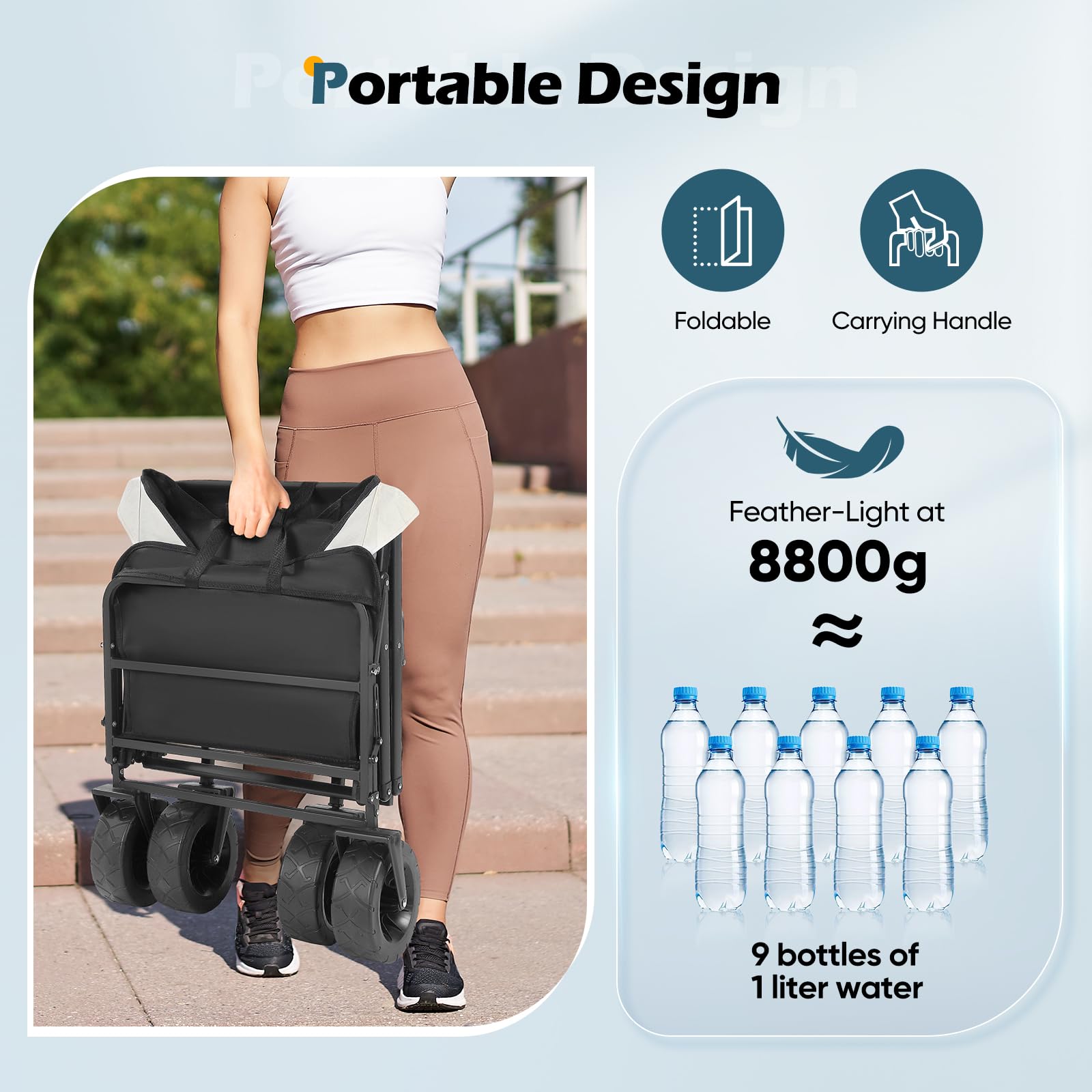 Carrello da Giardino 120L - Pieghevole con Maniglia Regolabile per Campeggio, Picnic all'Aperto e Spiaggia