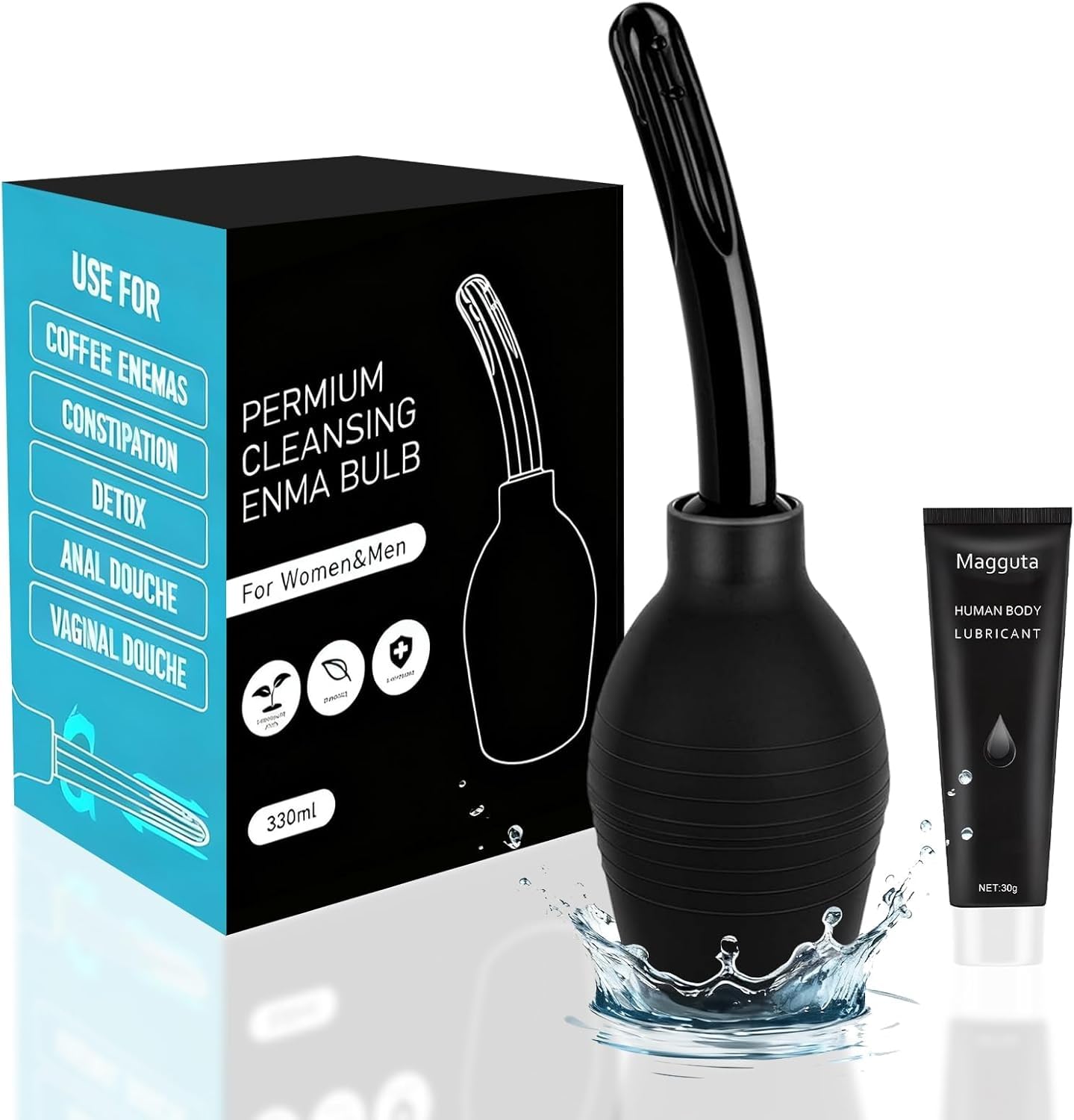 Enema Anal 310 ml de Silicona Reutilizable con Boquilla Desmontable, Lavativa y Ducha Anal para Higiene Íntima Adulto (Negro)