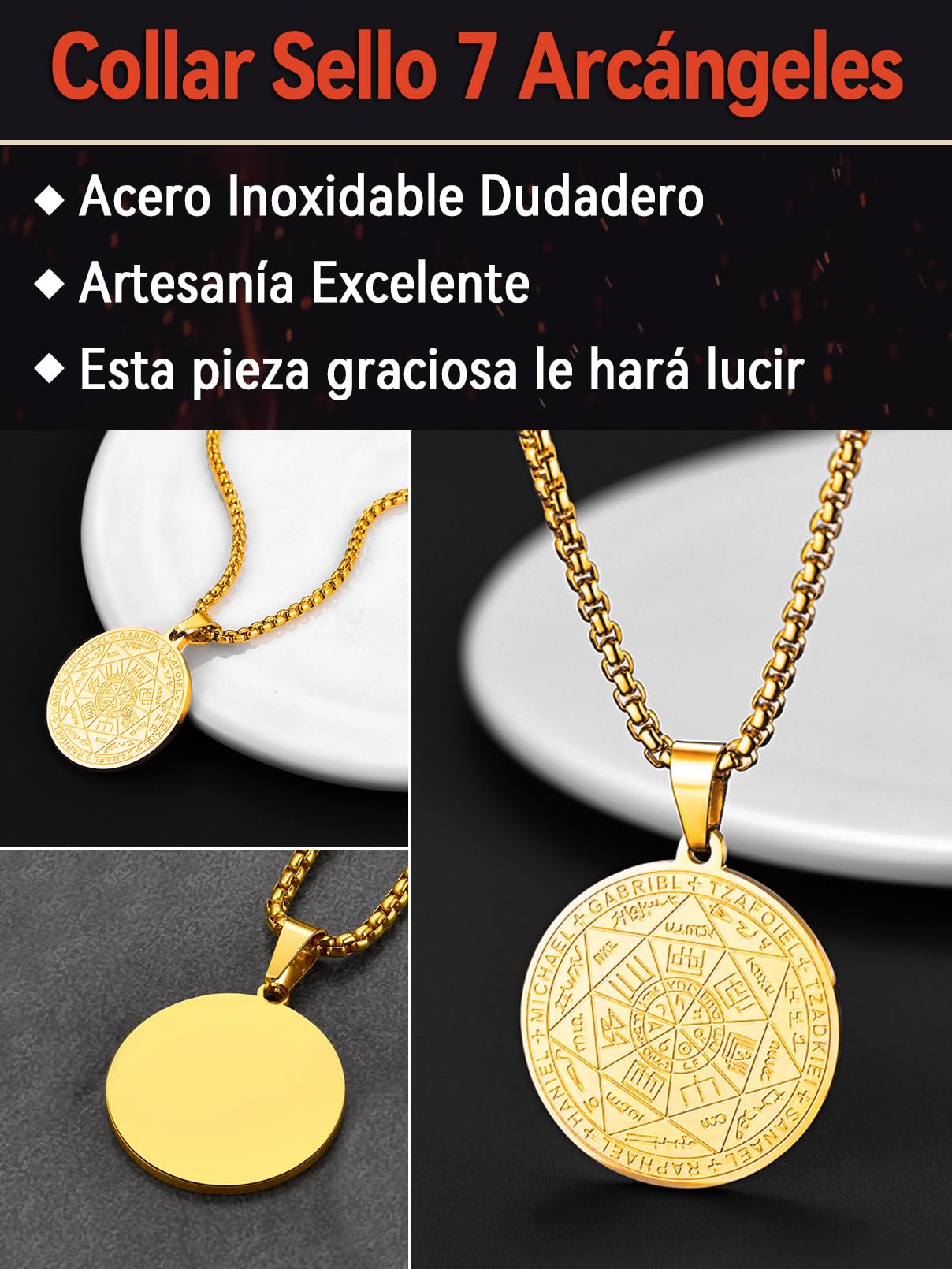 FaithHeart Collar Sello 7 Arcangeles Hombre Acero Inoxidable 316L Colgante Religioso Cristiano Amuleto Protección Talismán Familia