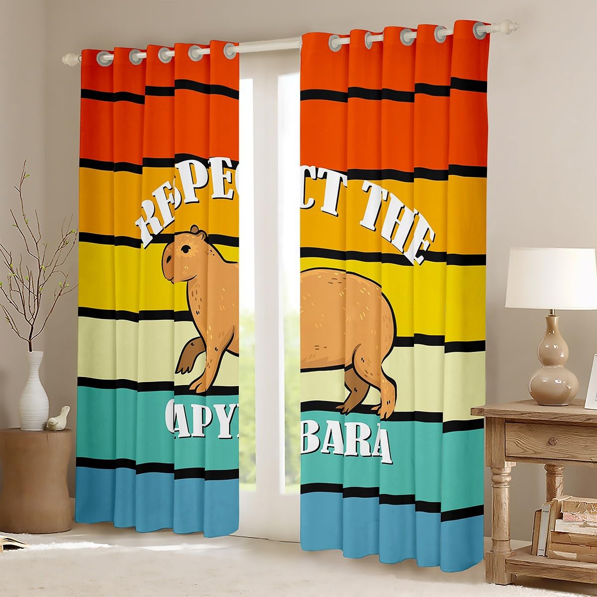 Kawaii Capybara Vorhänge 140Bx260L 2 Panels Cartoon Capybara Vorhänge Lustige Braune Nagetier Tier für Kinder Jugend Schlafzimmer Dekor Geometrische Streifen Verdunkelung Vorhänge, Regenbogenfarbe