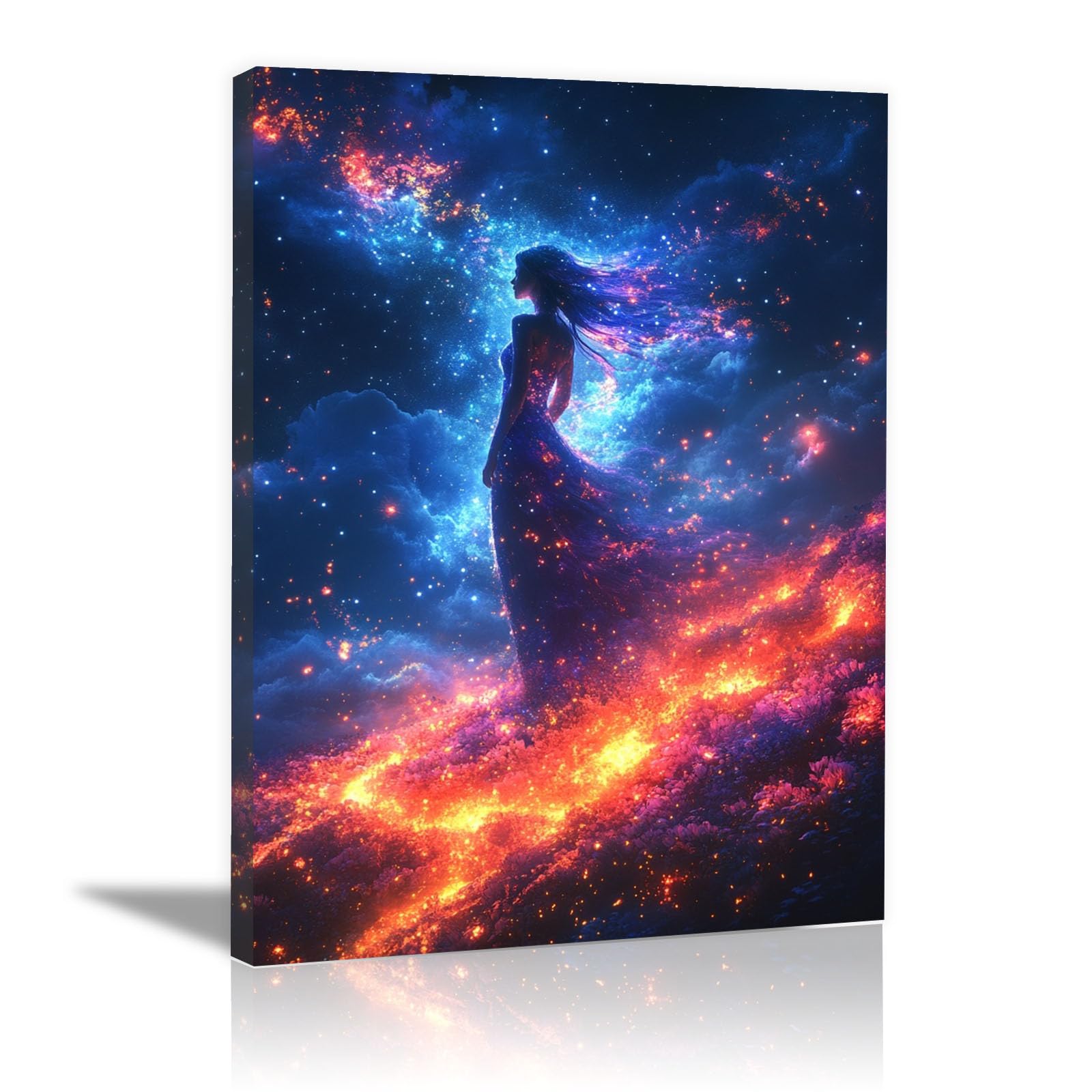 TERUEA Glamorous Art Deco Inspired Woman Silhouette with Glowing Cosmic Lights in Sky Women Wall Art Canvas Artwork Canvas Art Home Decor Home Wall Decor(Multi)-70x100cm Framed