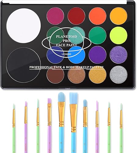 UCANBE Kit de pintura facial + 10 pinceles de pintura activada por agua, paleta de maquillaje SFX para cosplay, Halloween, kits de pintura facial