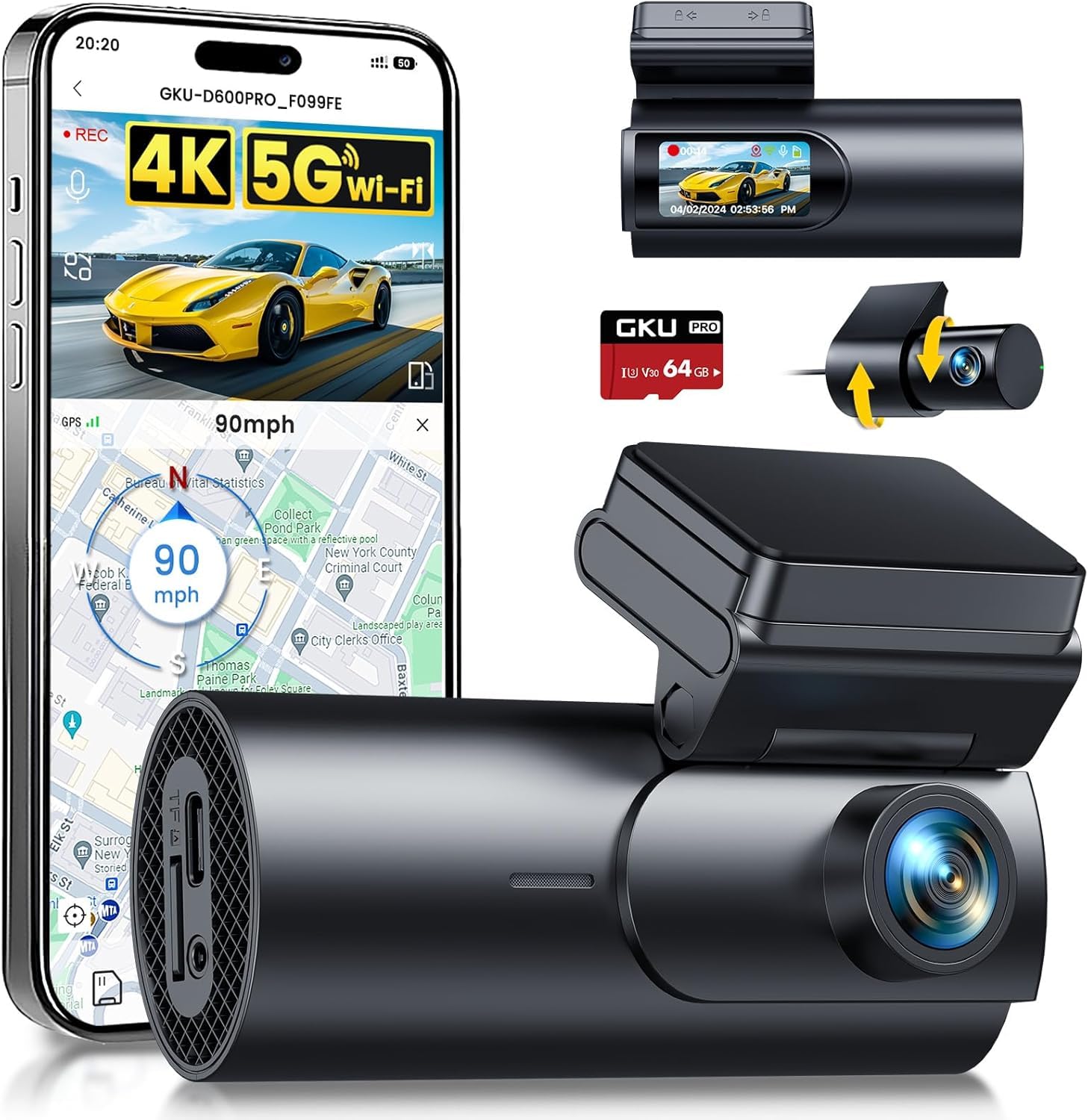 GKU 4K Car Dashcam Front Rear 5GHz WiFi GPS 2160P + 1080P Car Camera, 1.5 Inch IPS Car Camera with 64G SD Card, 170° Wide Angle, Night Vision, WDR, G-Sensor, 24H Parking Mode