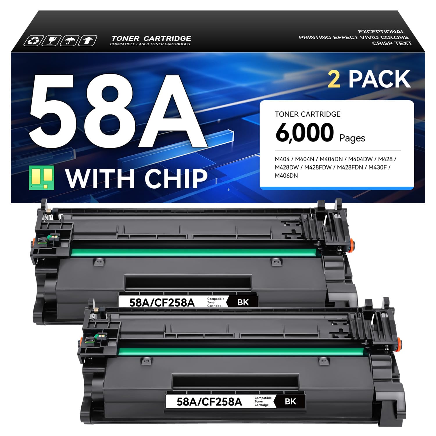 58A Toner Cartridge Black 2-Pack with Chip High Yield Replacement for HP 58A CF258A 58X Compatible with HP Laserjet Pro MFP M428dw M428fdn M428fdw M404dn M404dw M404n Enterprise M430f M406dn Printer