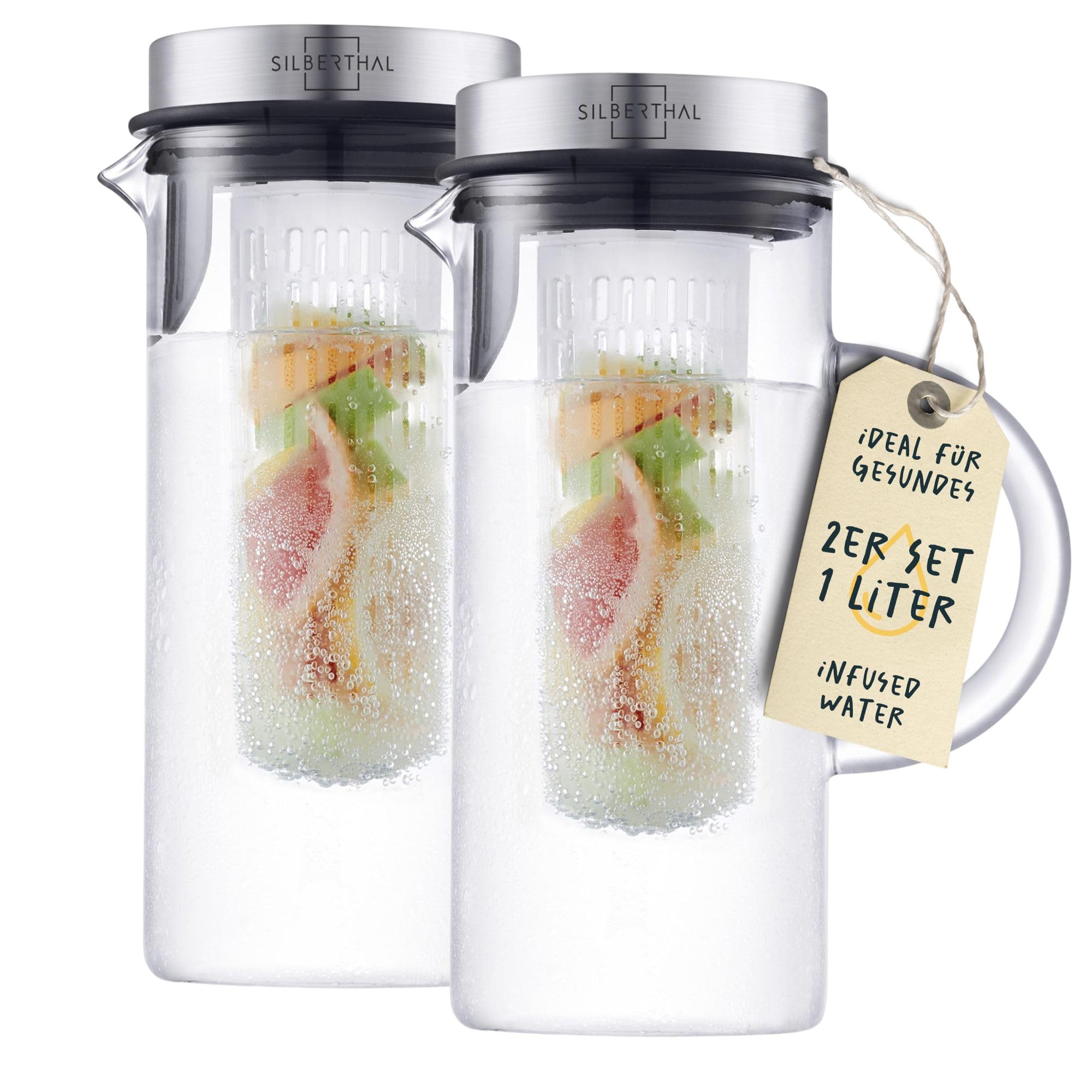 SILBERTHAL Glaskaraffe 2er Set mit Frucheinsatz - 1 Liter Karaffe mit Deckel- Spülmaschinenfest & Hitzebeständig