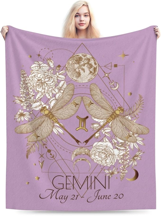Gemini Blanket Zodiac Signs Gifts for Women, Moon Constellations Theme Purple Throw Blanket Soft Cozy Flannel 60