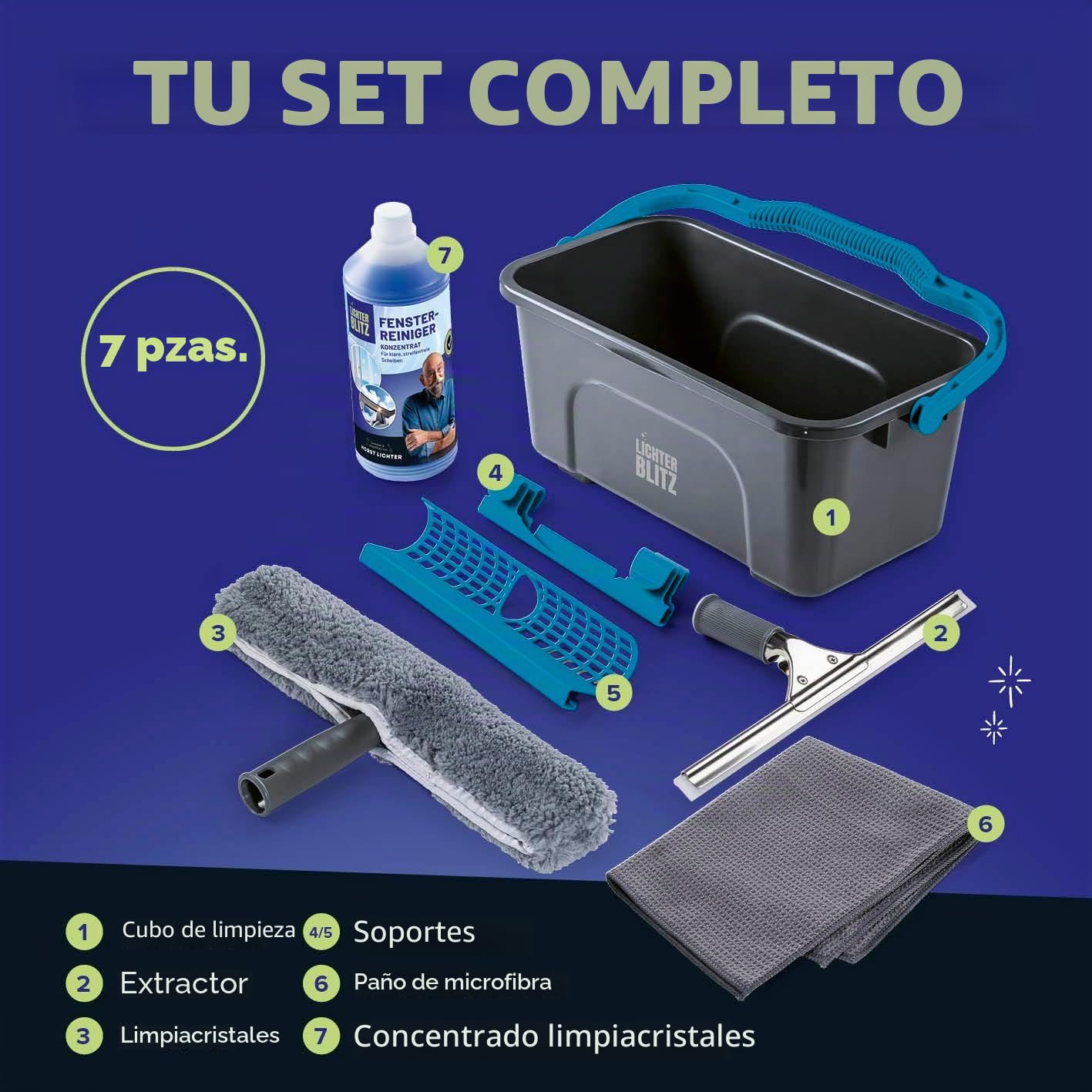 Juego Completo de limpiacristales | Limpiacristales Profesional | Incluye limpiacristales, Cubo de 12 litros con Estante, limpiacristales, limpiacristales, paño de Microfibra y Limpiador