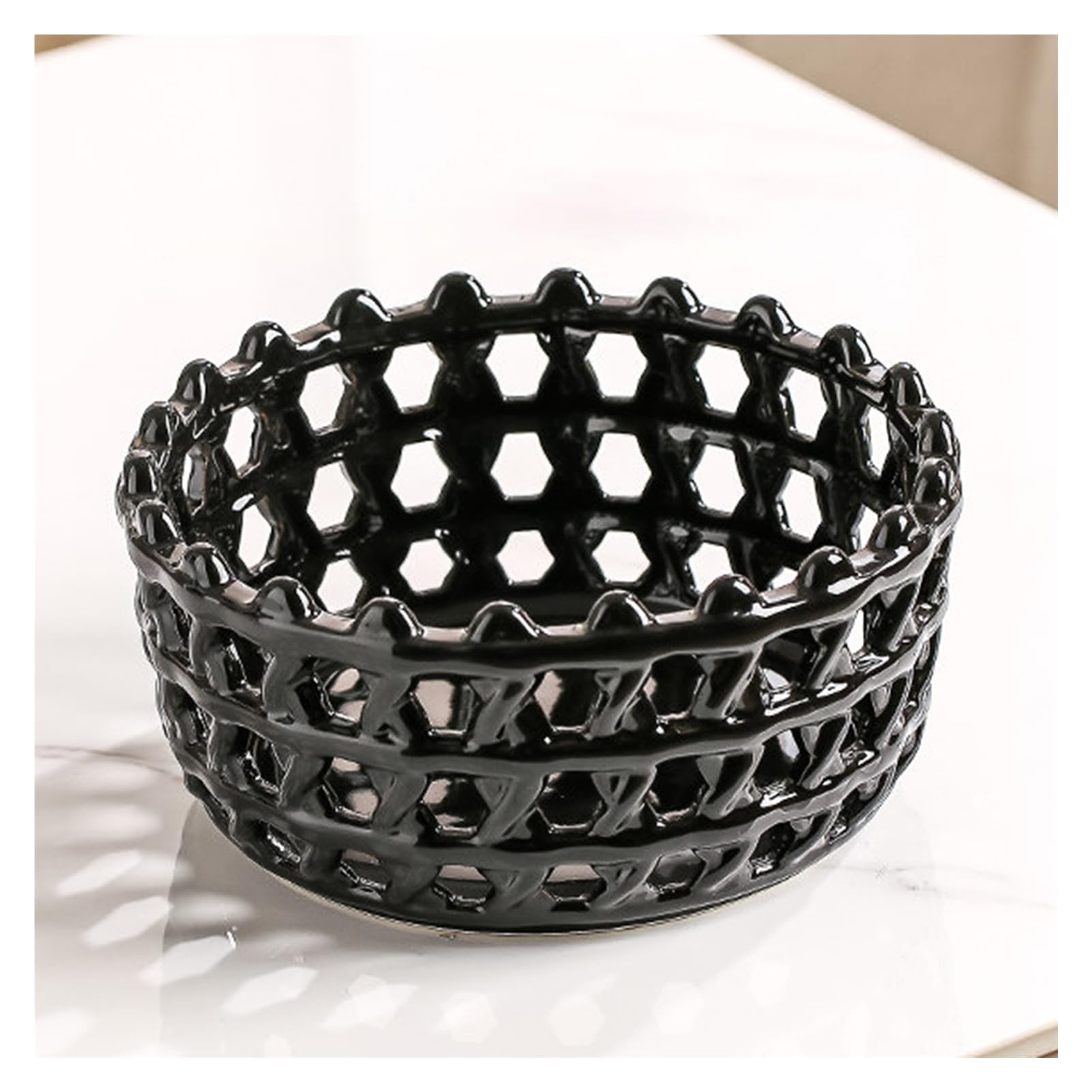 XCSDEW Ceramic Fruit Basket,Hollowed-out Snack Tray,Nut Storage Box,Suitable for Hotel Lobbies and Living Room Coffee Tables(Black)