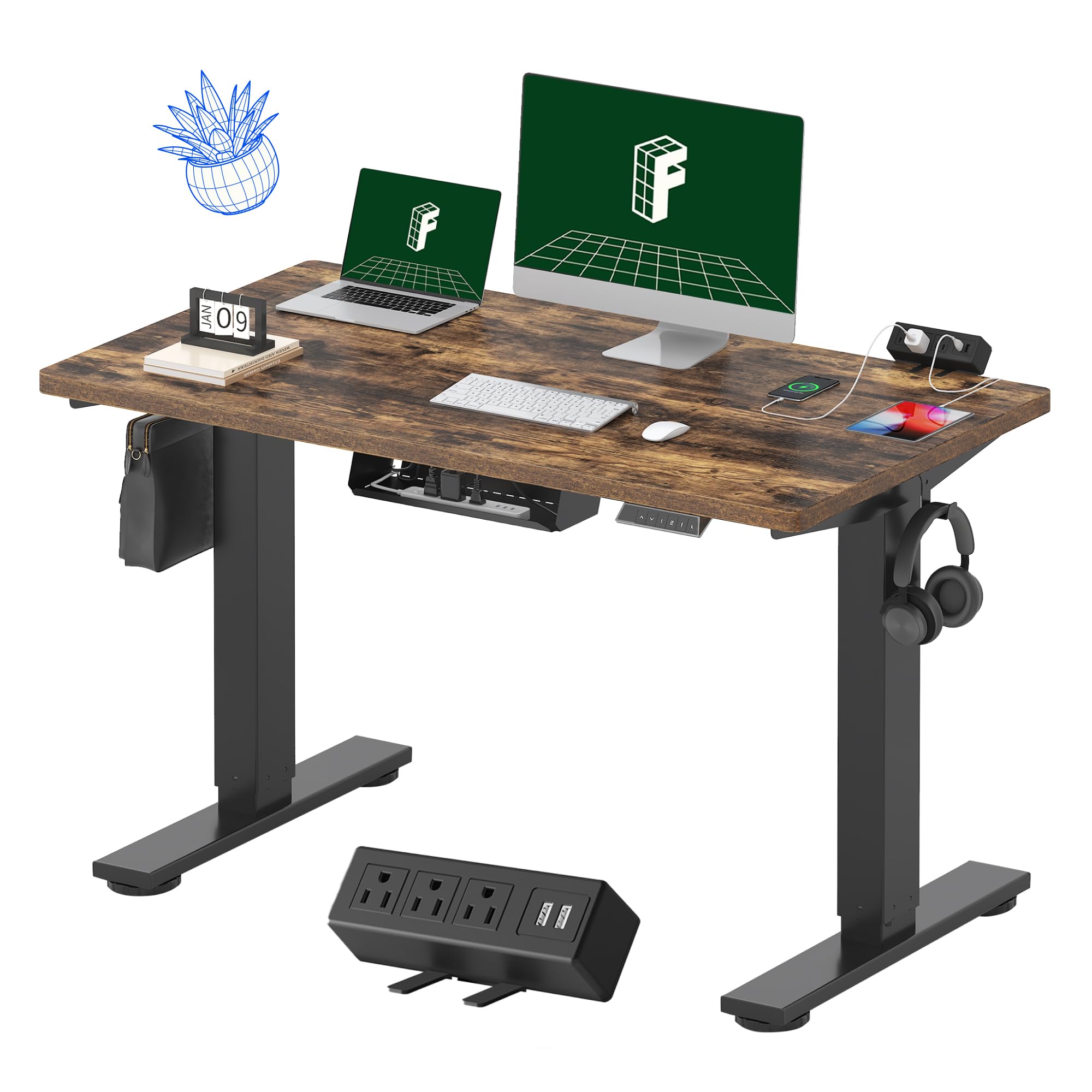 FLEXISPOT EN2 Whole-Piece Standing Desk with Clamp Power Strip, 48 x 24'' Electric Stand Up Height Adjustable Desk with Cable Management (Black Frame + 48" Rustic Brown Desktop, 2 Packages)