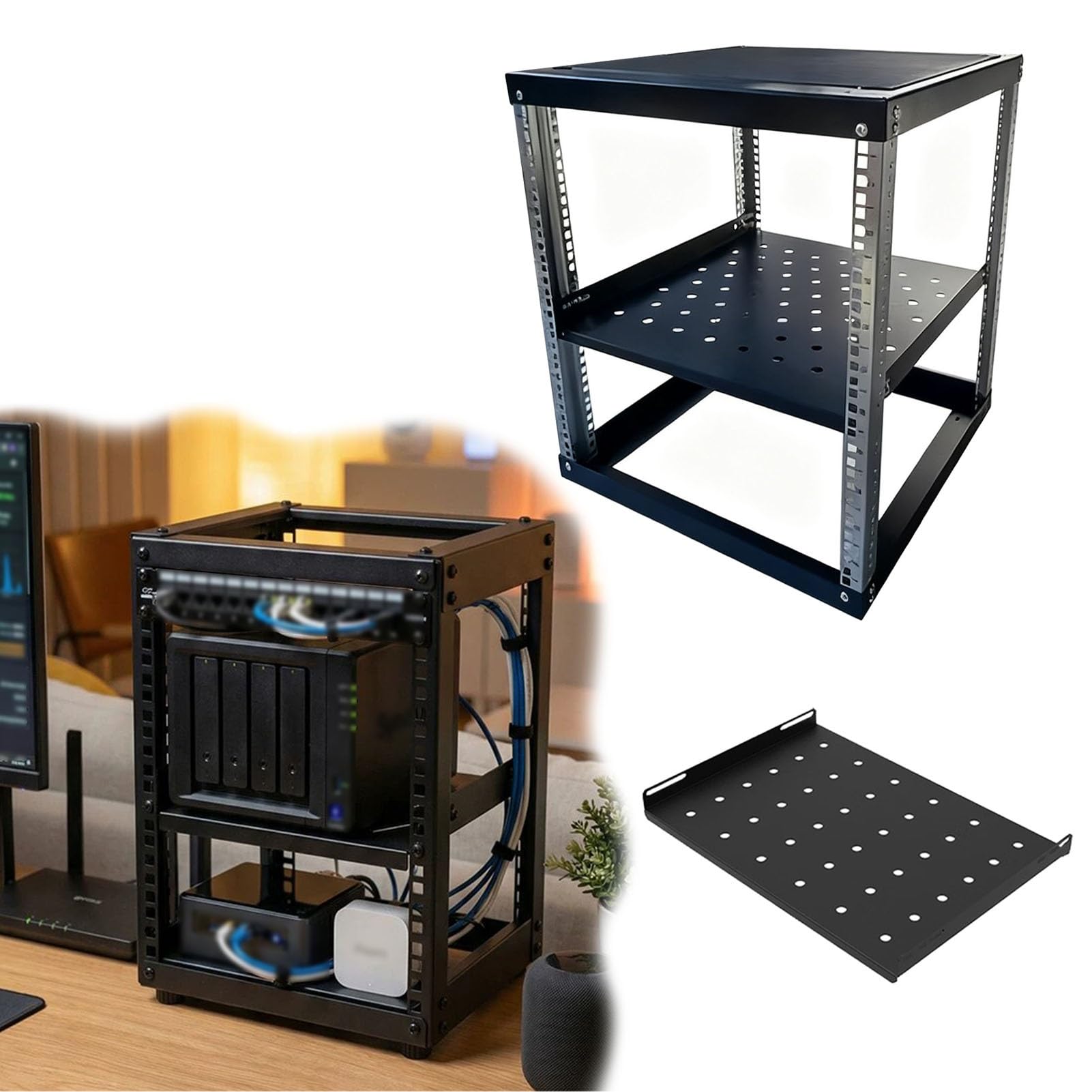 Rack di Rete a Telaio Aperto Rack di Rete a Telaio Aperto 12U con Ripiani Ventilati, Rack in Metallo per Server e Apparecchiature 48 cm, Scaffale per Data Center di Rete(2 tier,D 33.3cm (13 1/8"))