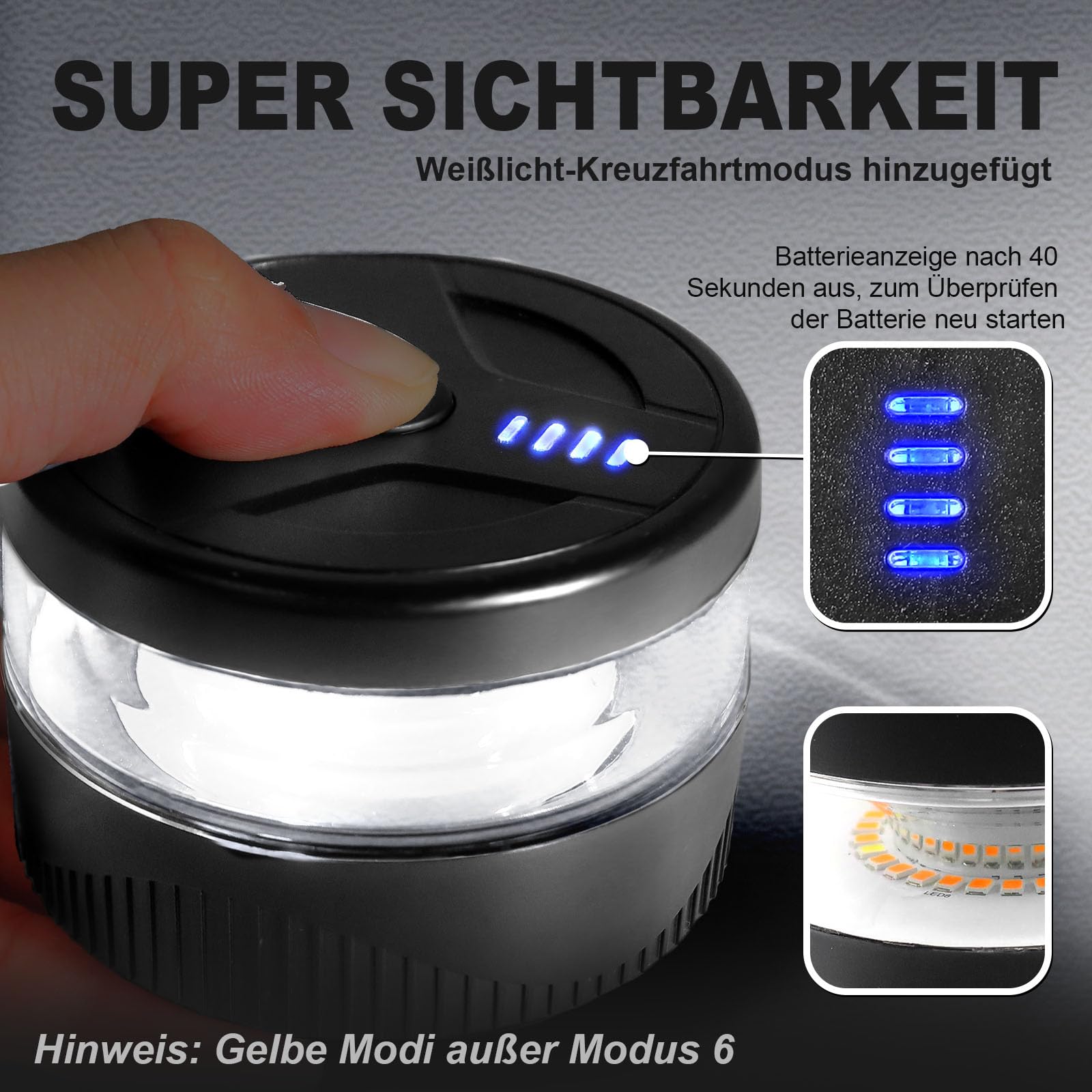 Agrieyes USB-C Rundumleuchte Akku, 32 LED Wiederaufladbare Stroboskoplichter mit Magnet, Mini Gelbe Warnblinkleuchte für Lkw, Fahrzeuge, Traktoren, Tragbar, Wasserdicht Tragbar Wasserdicht