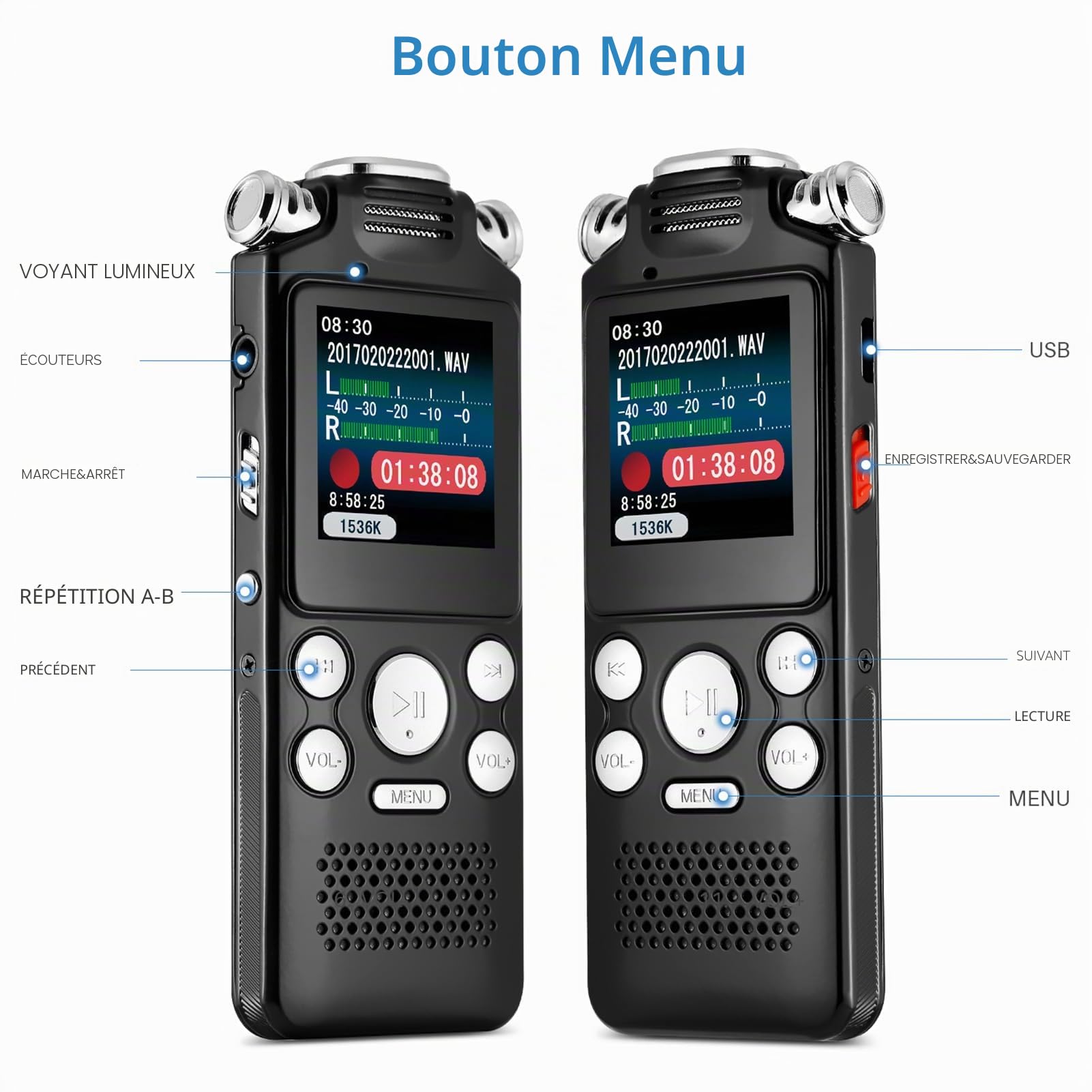 Docooler Enregistreur vocal de 8 Go, enregistreur audio avec annulation de bruit, double microphone pour enregistrement activé par la voix HD, boîtier en métal