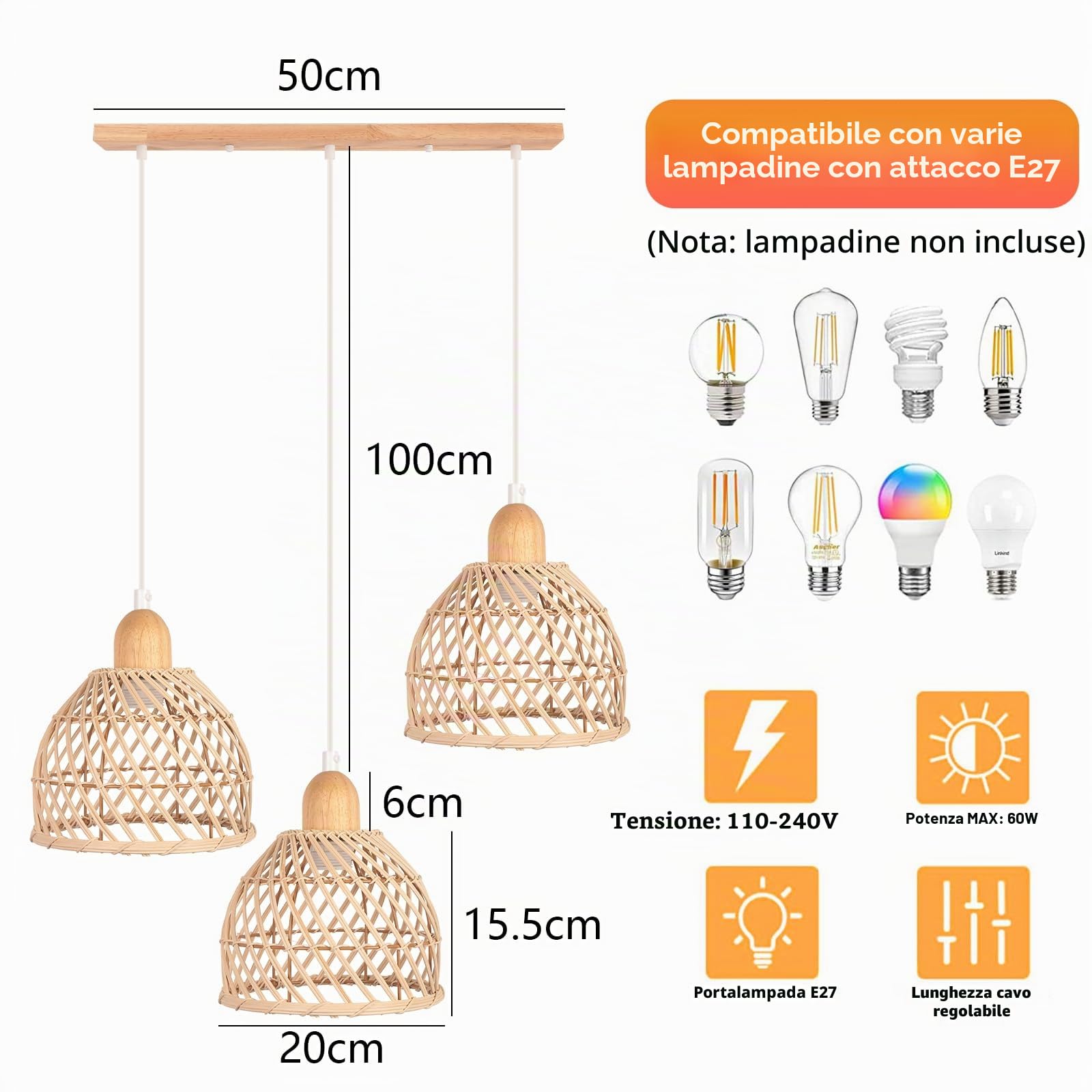 iDEGU 3 Lampade a Sospensione, Moderna, Lampada da Soffitto, in Legno e Bambù, Spirale, Vintage, E27, Lampada da Soffitto, Retro, Lampada a Sospensione, Rattan, per Sala da Pranzo, Cucina, Soggiorno