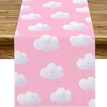 Pudodo White Clouds Table Runner On Cloud 9 Birthday Girls Bday Party Celebrations Baby Shower Kitchen Dining Home Decoration Pink, 13" x 72"
