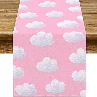 Pudodo White Clouds Table Runner On Cloud 9 Birthday Girls Bday Party Celebrations Baby Shower Kitchen Dining Home Decoration (Pink, 13" x 72")