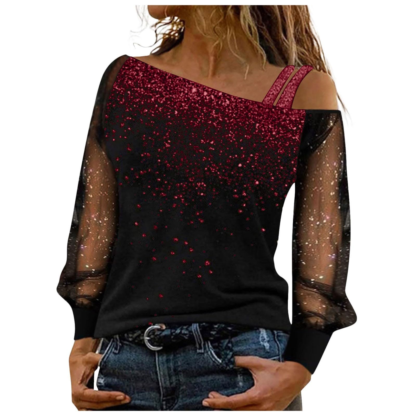 Chemisier Carnaval Femme Chic Brillantes Manches Longues T-Shirt d'automne Chemise Paillette Noël Haut Tops Pullover Brillant Blouses Paillettes Tee Shirt Sequins Coeur Fille