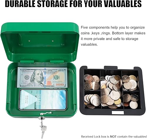 Miniatura 4 de KYODOLED Caja de dinero mediana con bandeja para dinero, pequeña caja de seguridad con llave, cajón de efectivo, 7.87 x 6.30 x 3.54 pulgadas, verde,