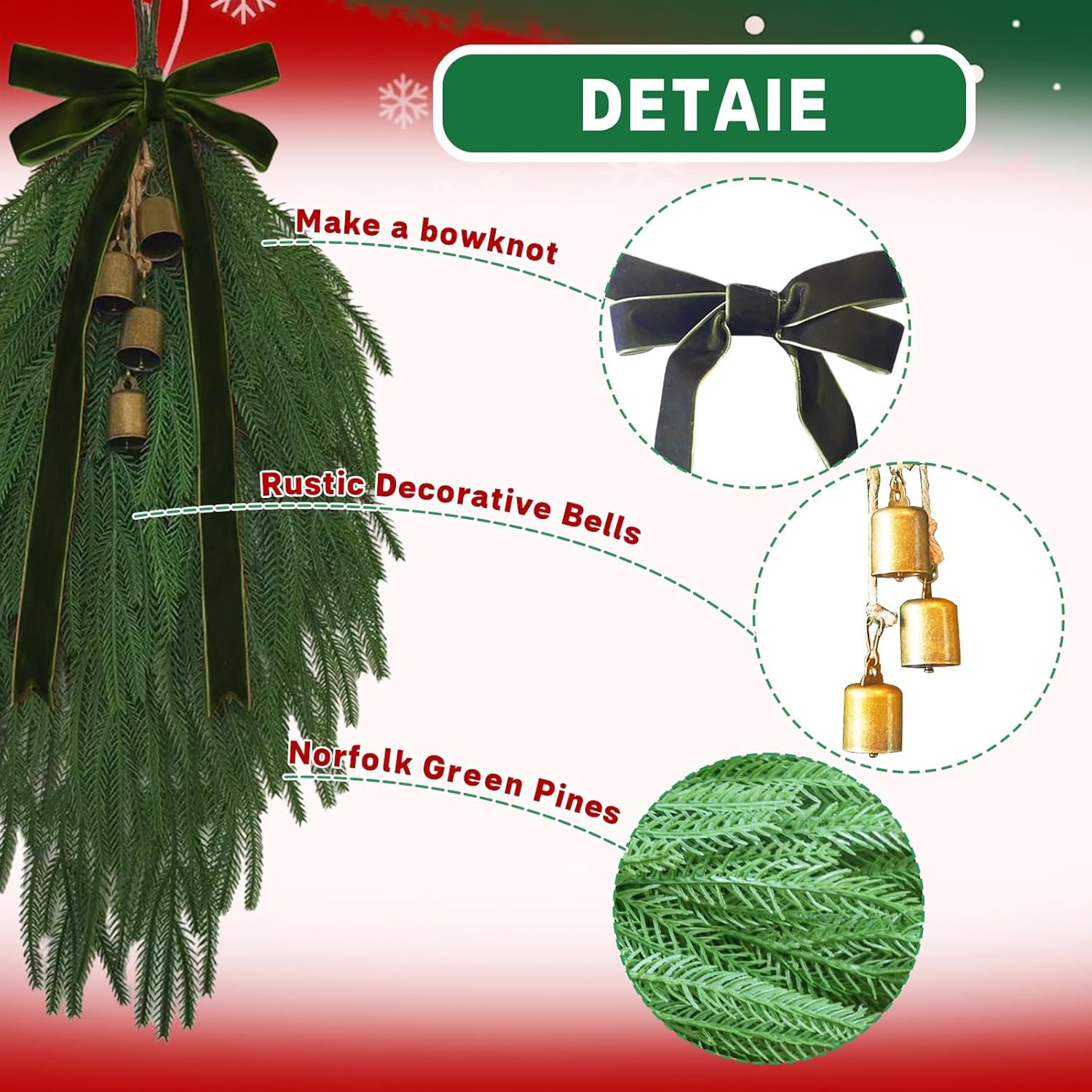 2 Pack Christmas Teardrop Swag for Front Door with Green Bowknot, Norfolk Pine Needle Hanging Garland with Bell Velvet Bow Rustic Door Swag Teardrop Wreath for Outdoor Mantle Fireplace Decor