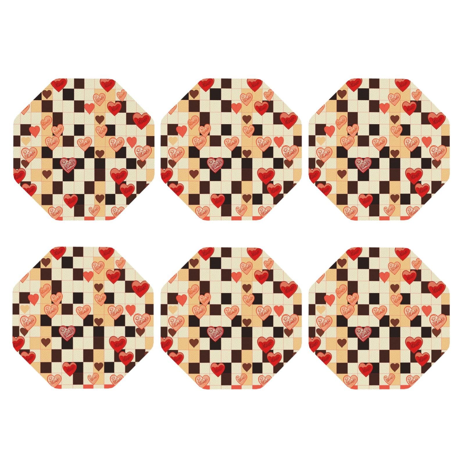 6pcs Leather Coasters for Drinks, Checkerboard Hearts Drink Coasters for Tabletop Protection, 4" Cup Coasters for Coffee Table Decor, Non-Slip Drinking Cup Mat for Hot Or Cold Drink