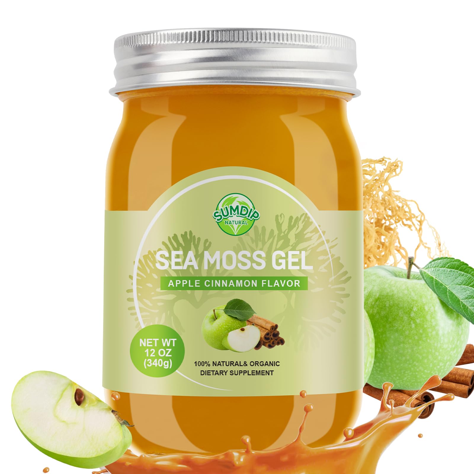 ( Best by 12/11/2025) Sea Moss Gel Organic Raw Irish Seamoss Gel Vegan Superfood Immune and Digestive Support Vitamin Mineral, Apple Cinnamon Flavor 12oz