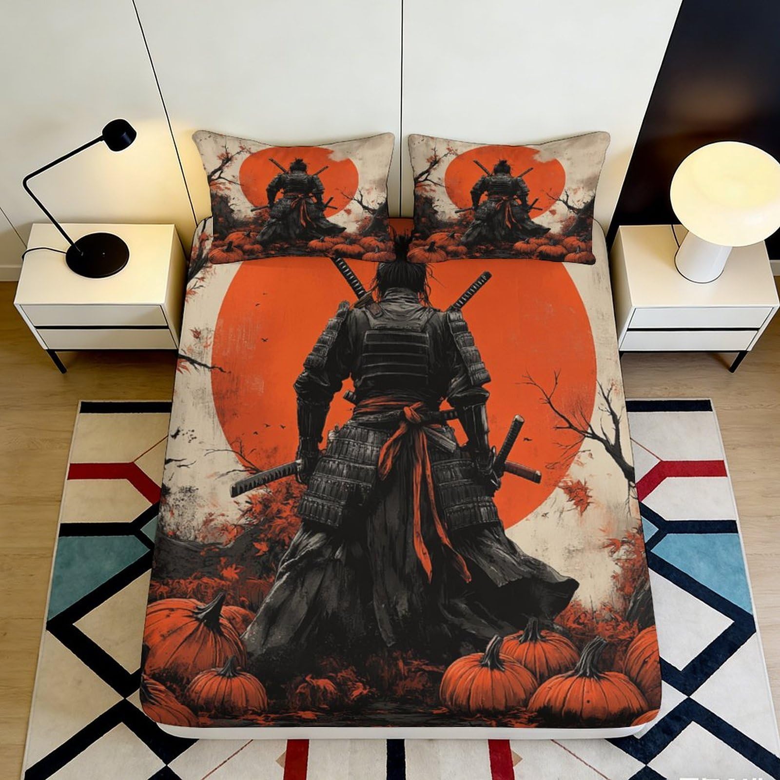 3D Printed Samurai Warrior Fitted Sheet Microfiber Durable Soft 3D Printed Orange Moon Bed Cover for Bedroom Dormitory Guest Room Decoration 180x200x25cm