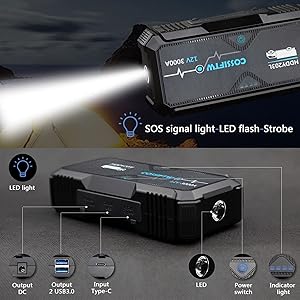 COSSIFTW Jump Starter 3000A Peak Car Starter Cold Crank(Up to 10L Gas or 8L Diesel Engine) 12V Jump Box Battery Booster Portable Power Pack with USB Quick Charge for Pickup Motorcycle Boat RV Tractor