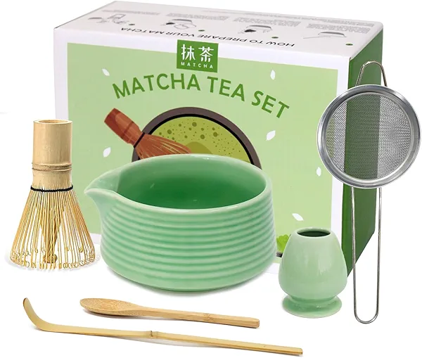 Matcha Whisk Set, 6 Pcs Matcha Set Includes Matcha Bowl with Spout, Matcha Whisk (Chasen), Matcha Whisk Holder, Sifter, Bamboo Spoon & Scoop - Complete Matcha Tea Ceremony Kit, Gift for Matcha Lovers