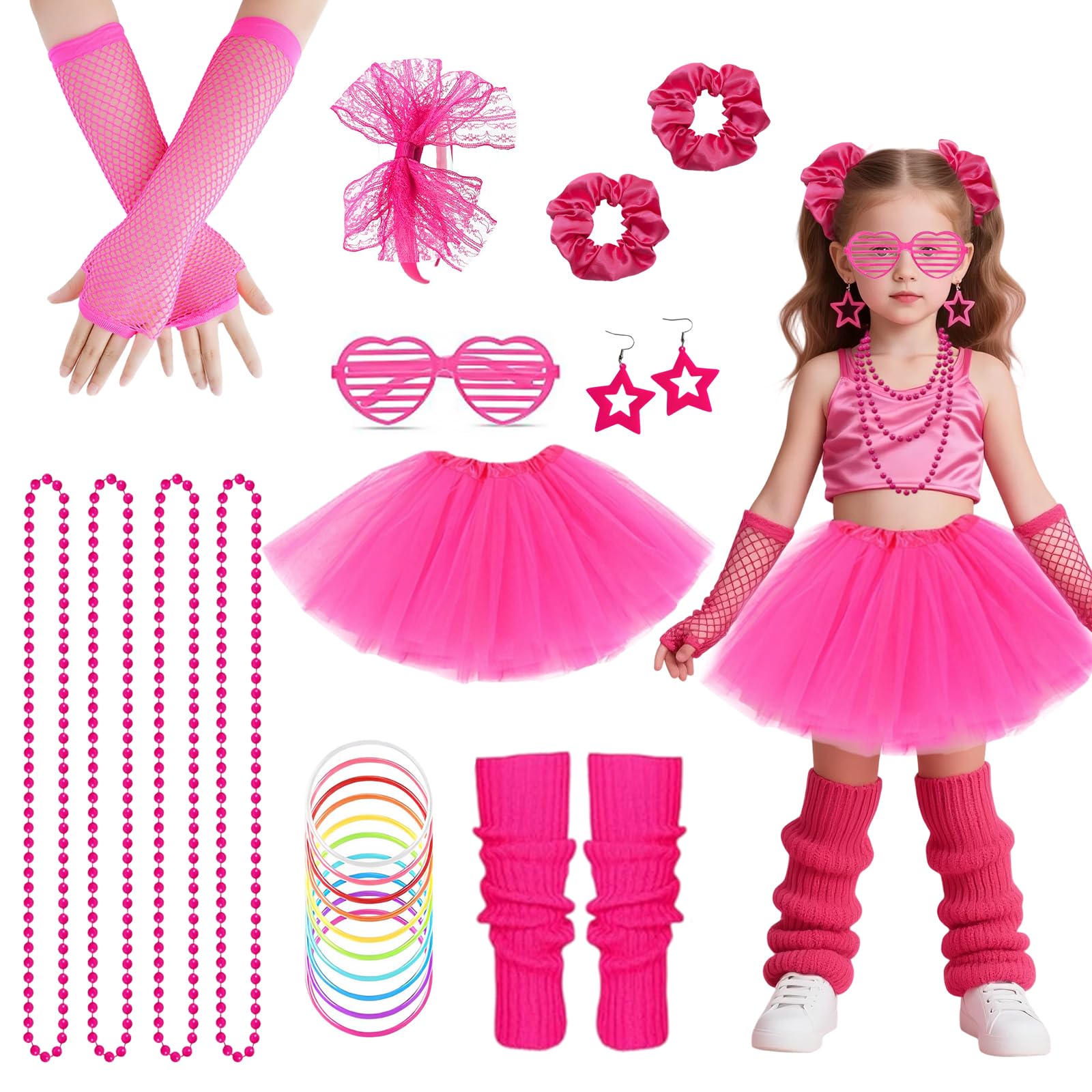 80s Costume Accessories Set for Girls, 21Pcs 1980s Fancy Dress Outfit with Tutu Skirt Fishnet Gloves Leg Warmers Bow Headband Necklace Bracelets Glasses, Neon Costume for Kids 80s Theme Party