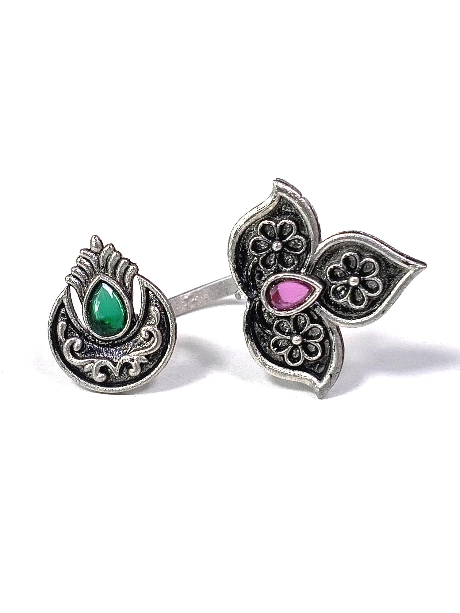 Oxidised Silver Floral Design Pink and Green Stone Adjustable Cocktail Ring for Women-image-2