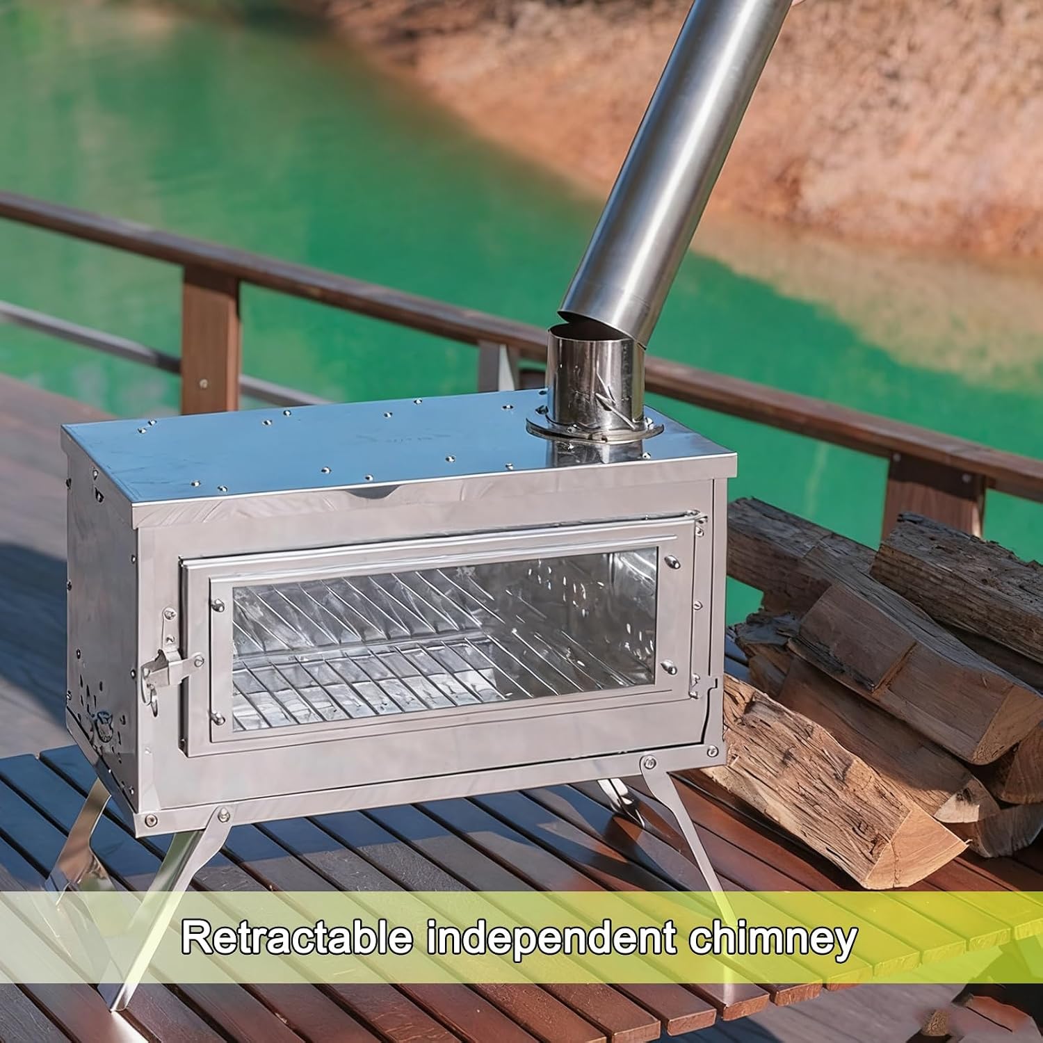 Portable Camp Stove, Stainless Steel Tent Stove, with Observation Window and 8 Chimney Pipes, for Outdoor Heating Cooking