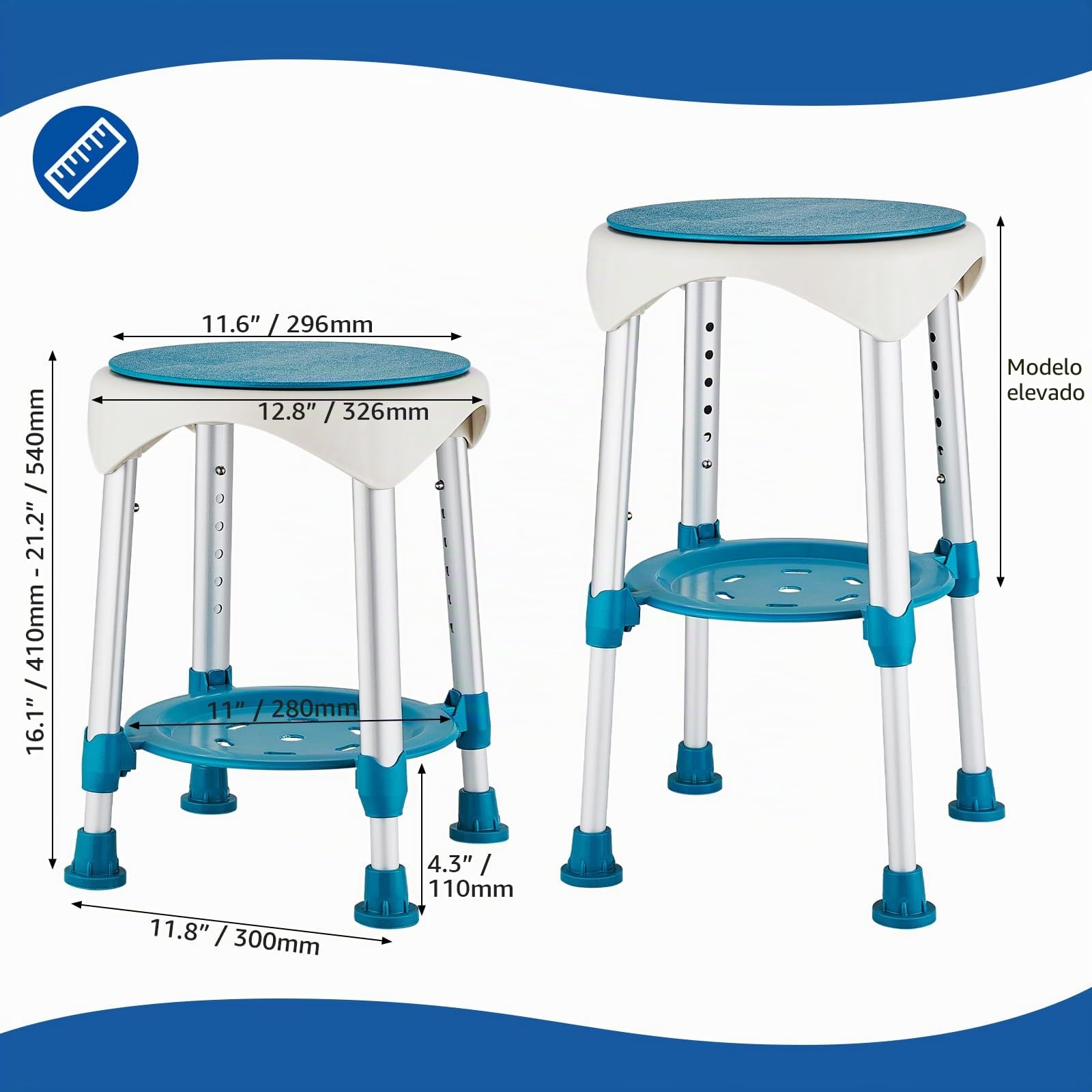 Taburete De Ducha,Asiento De Ducha Giratorio 360°con Patas De Goma Antideslizantes,Taburete Giratorio Mejorado para Personas Mayores,Silla De Baño Ajustable en Altura en 6 Niveles con Estante