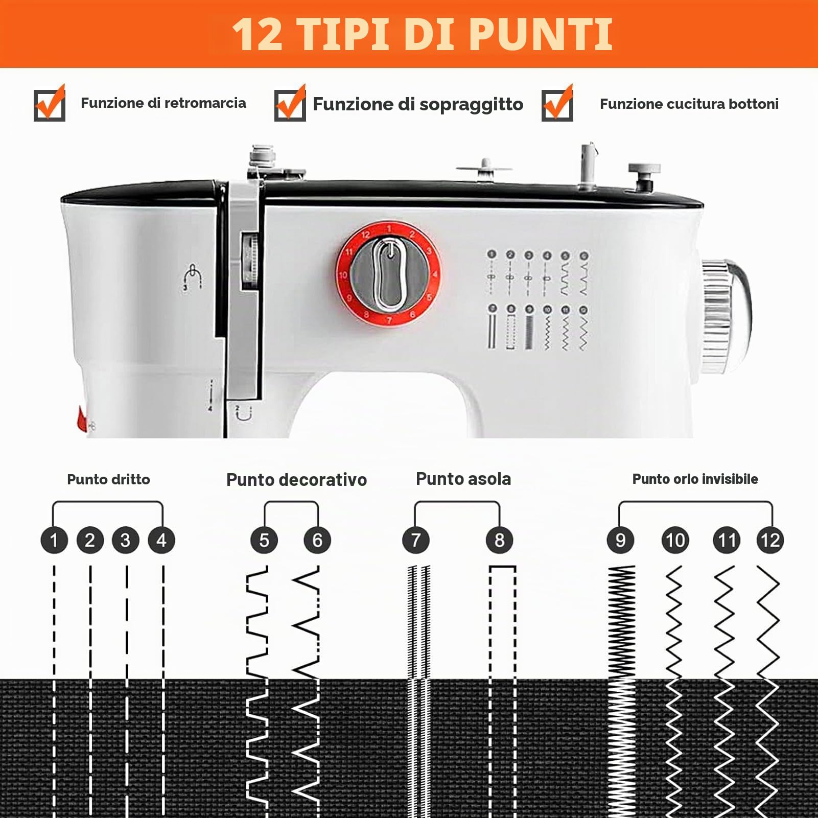 Macchina da cucire, macchina da cucire elettrica per principianti e bambini, 12 programmi di puntatura, braccio libero, luce per cucire e avviamento elettrico (EU Plug)