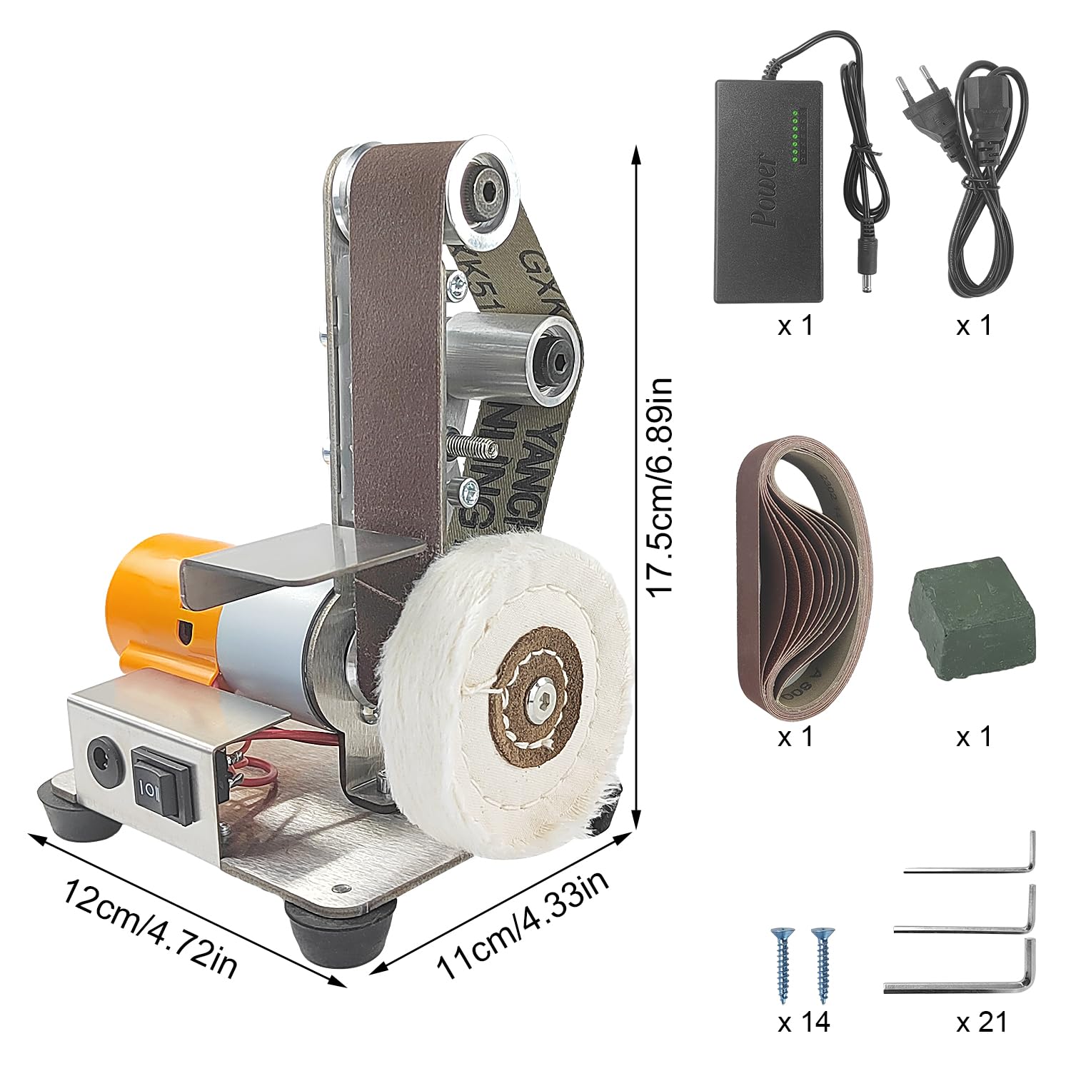 19 Stücke Band und Tellerschleifer Anzug, 1x Mini-Elektrobandschleifer +10 x Schleifband+1 x Polierscheibe+6 x Schraubenschlüssel+1 x Europäisches Netzteil, für Holzbearbeitung
