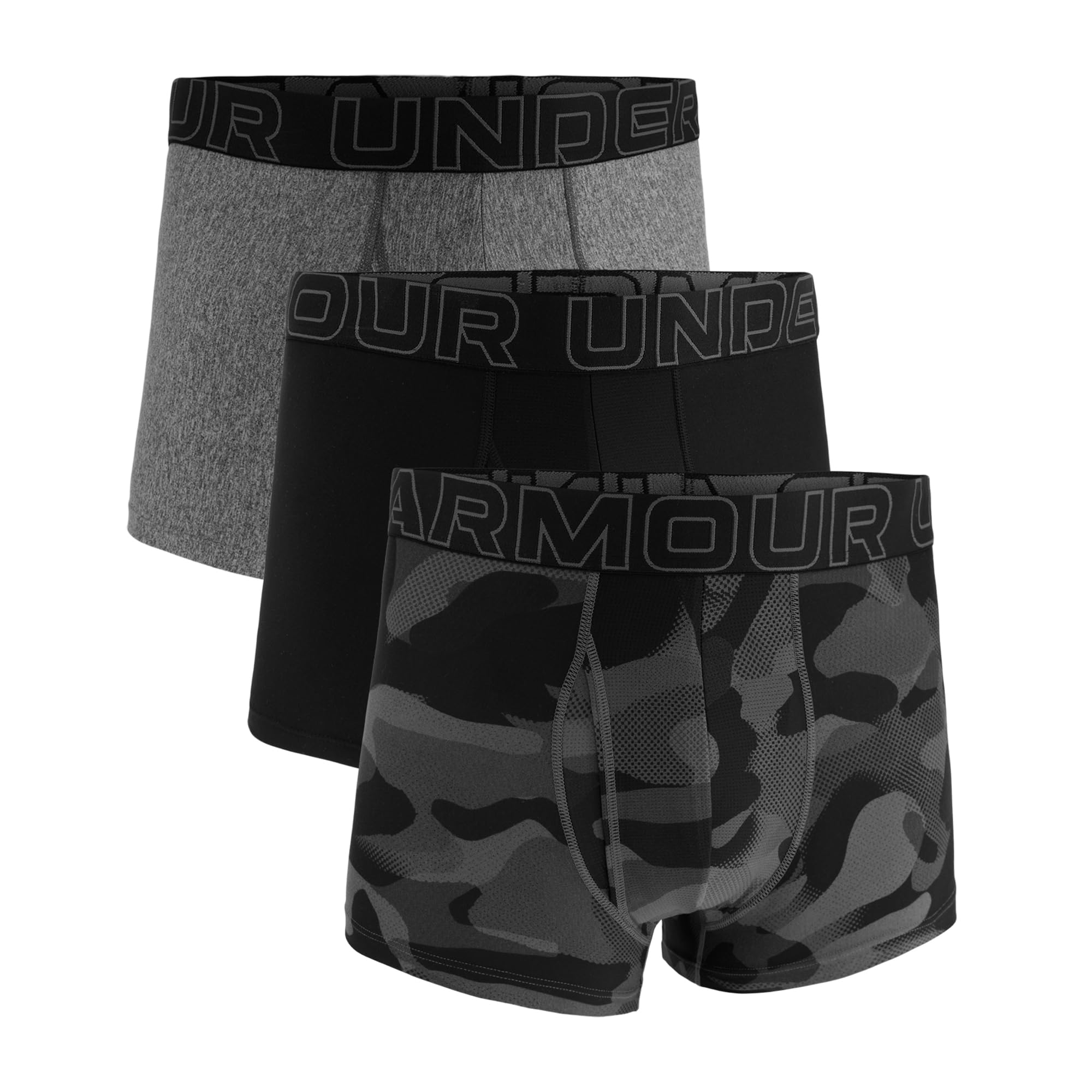 Under Armour Men's Black/Grey/Camo 3-Pack Performance Tech Boxer Brief, 3" Inseam – Breathable, Moisture Wicking, Soft Touch, All-Day Comfort, 2XL