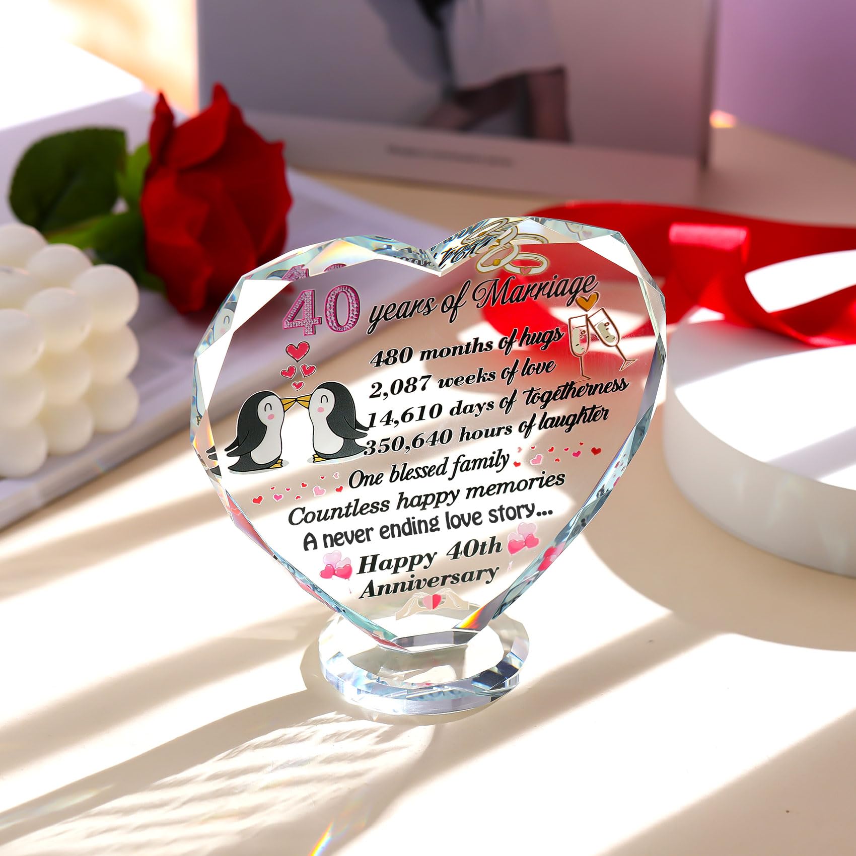 Ornalrist 40th Wedding Anniversary Romantic Gifts for Couple Ruby Wedding Anniversary Presents for Mum Glass Colourful Heart Keepsake Engraved 40 Years of Marriage - Image 3