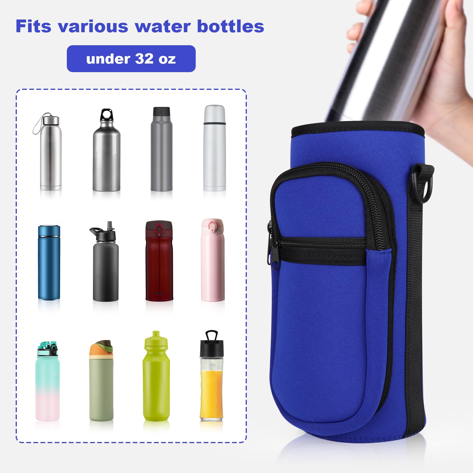 Soporte para botella de agua con correa, bolsa de transporte para botella de agua con bolsillo para teléfono, correa de hombro de neopreno aislada de 32 onzas, funda para botella de agua para