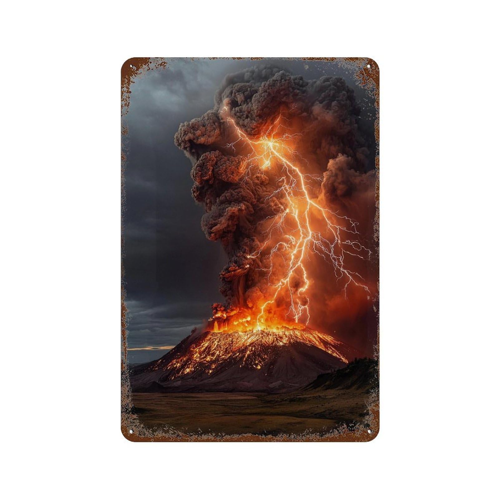 Rustic Tin Plaque with Volcano Eruption with Lightning Strikes-5 Design 11.8"x7.9", for Pub, Kitchen And Man Cave Decor, Old School Wall Decor