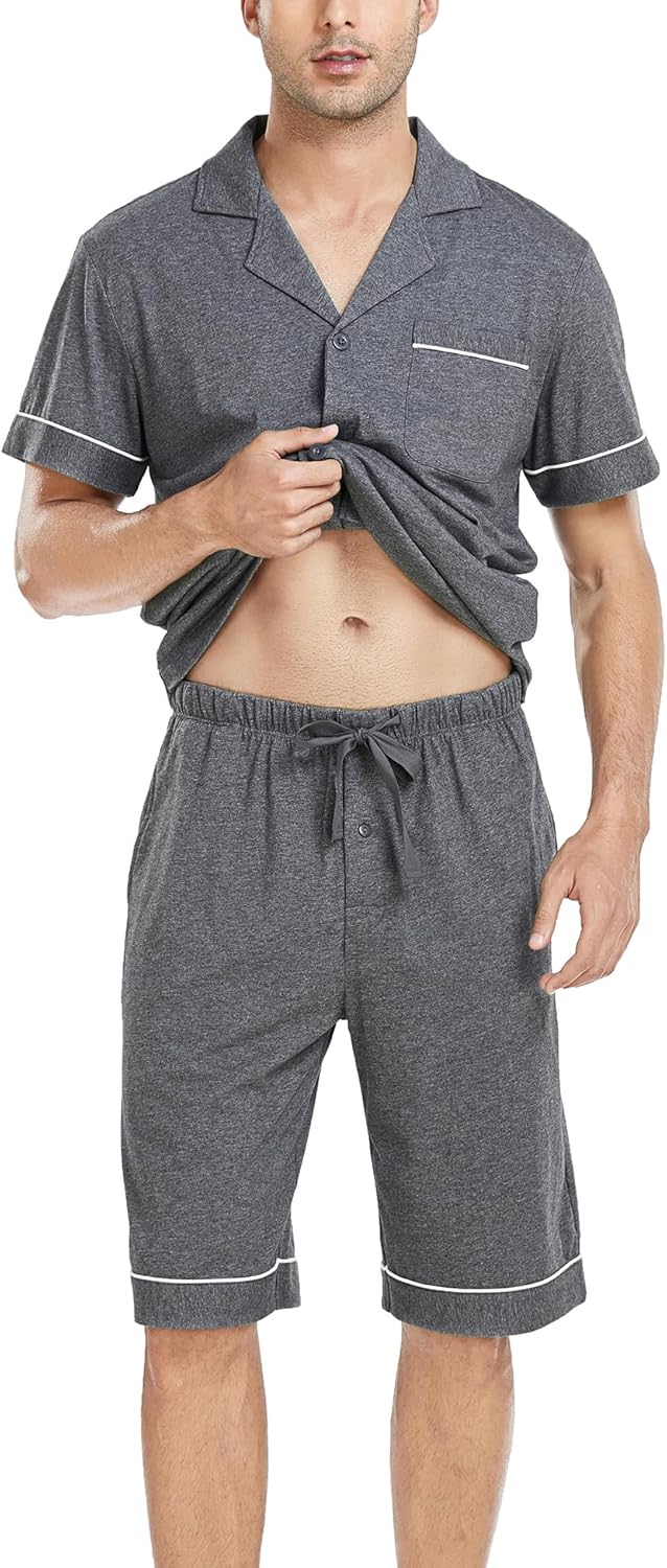 COLORFULLEAF Men's 100% Cotton Short Sleeve Pajama Sets Button Down Notched Collar Sleepwear Soft Lounge Pjs with Pockets