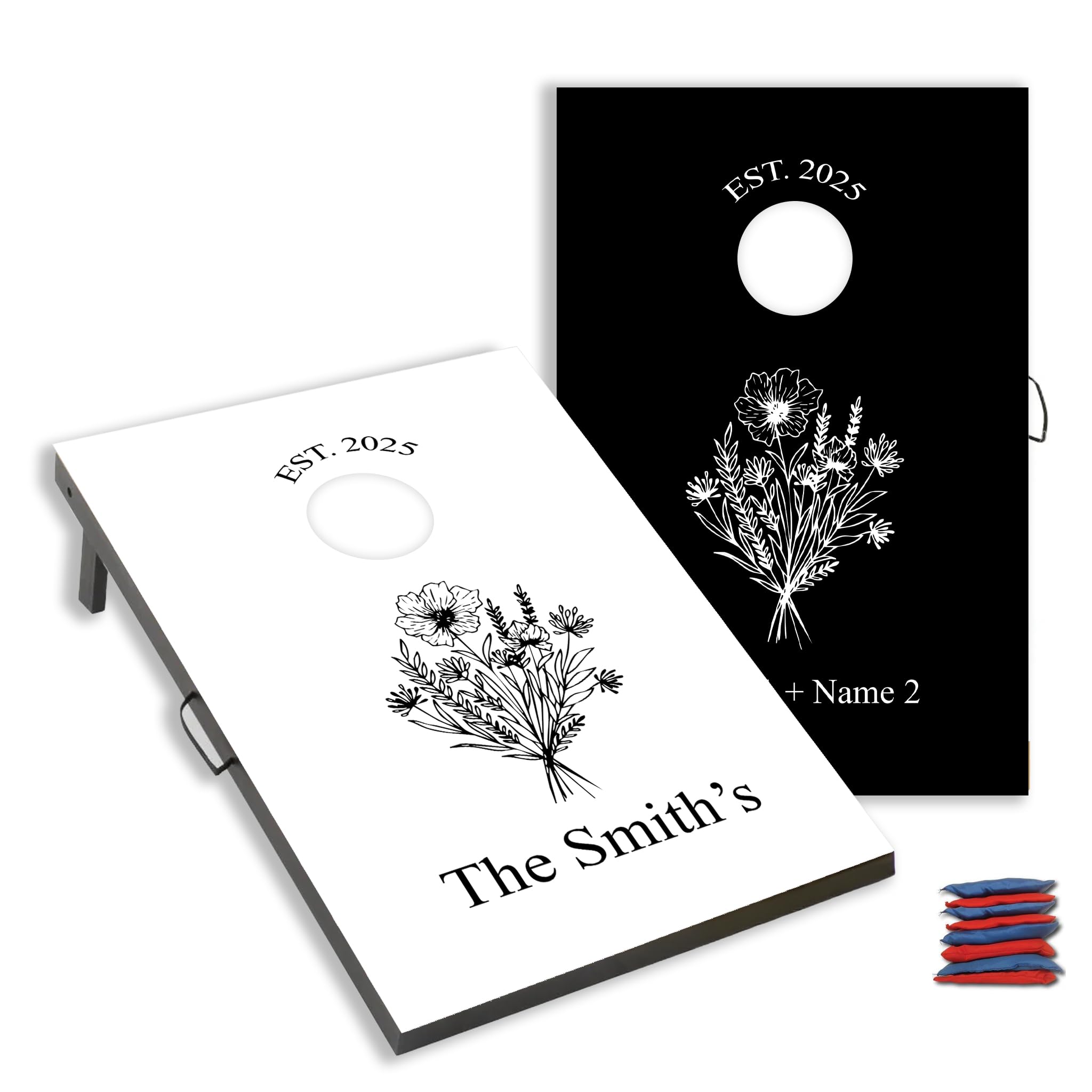 Custom Wedding Cornhole Set Black and White Floral Bag Toss with Personalized Names and Wedding Date - Wedding Reception Games