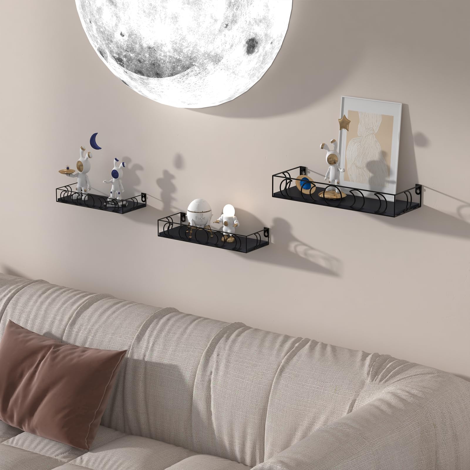 EYMPEU Étagère Murale en Bois et Métal à Motifs Lunaires, Lot de 3 Étagères Murales Noires pour La Cuisine, La Salle de Bains, Le Bureau, Le Salon