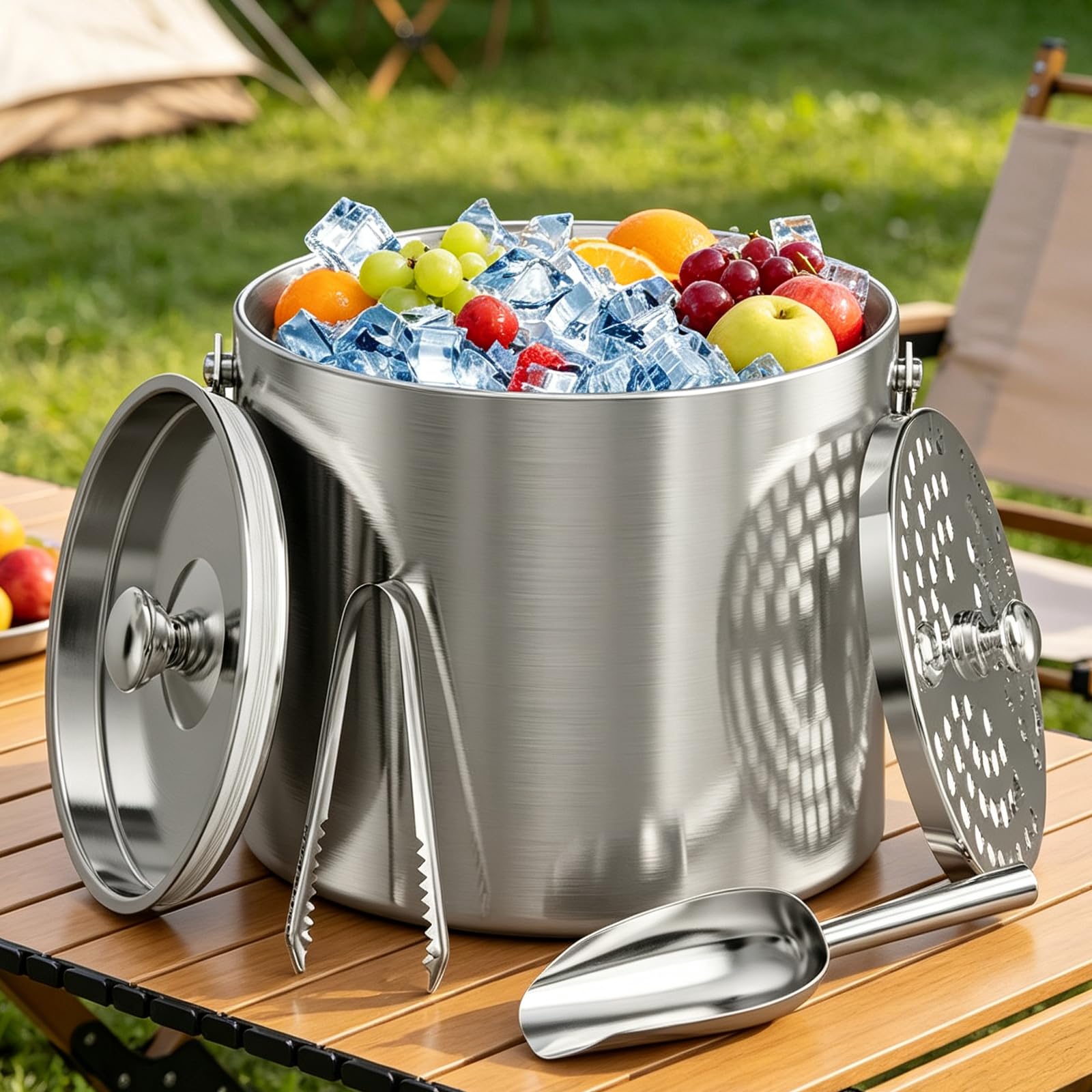 Secchiello per ghiaccio per feste, 3 litri, isolato, con coperchio, paletta per ghiaccio e colino, per cocktail bar, portatile, in acciaio inox, a doppia parete, mantiene il ghiaccio freddo e