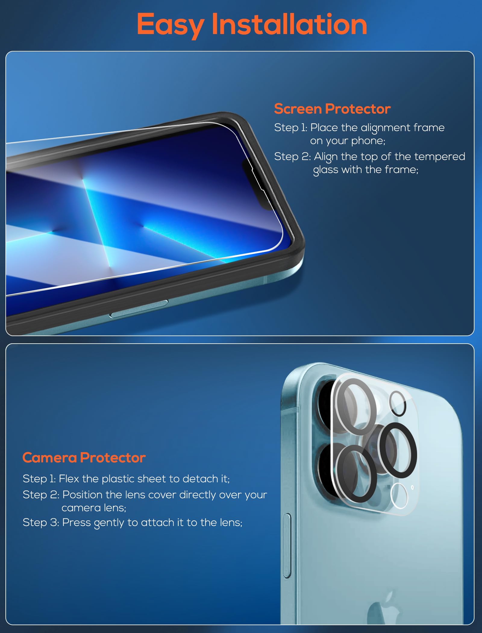 3-pak ochraniaczy ekranu do iPhone'a 13 Pro z 3 osłonami obiektywu aparatu z ramką instalacyjną, folia ze szkła hartowanego premium o twardości 9H, odporna na zarysowania, bez pęcherzyków