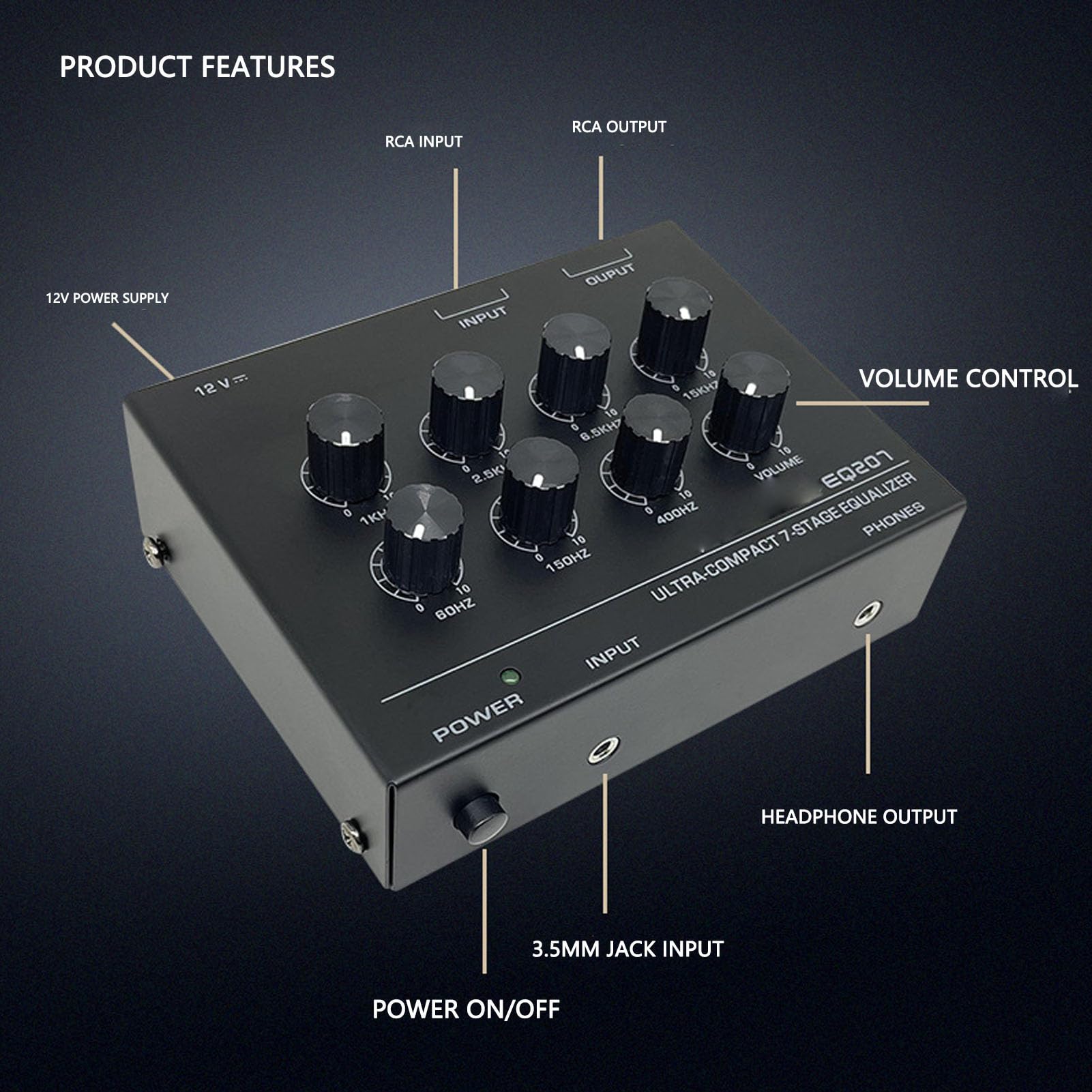 Topiky 7-Band-Sound-Equalizer, 2-Kanal-Digital-Sound-Equalizer mit 3,5-mm-Kopfhöreranschluss, für die Höhen- und Bassanpassung Im Heimauto (EU)