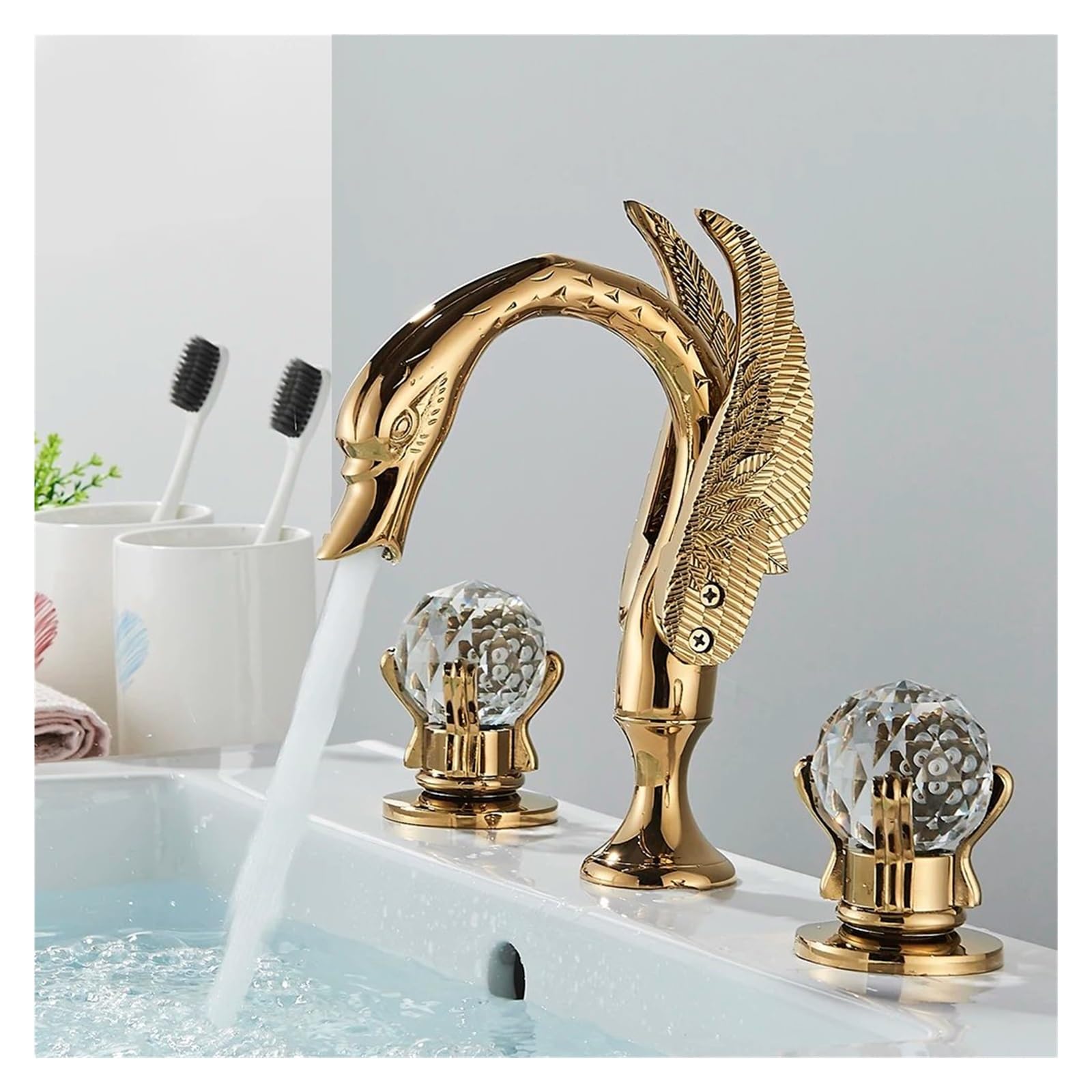 SBCGFY Gold Bathroom Basin Faucet Sink Tap Polished Gold Bathtub Swan Two Crystal Mixer Tap Widespread,Basin Faucet,Gold