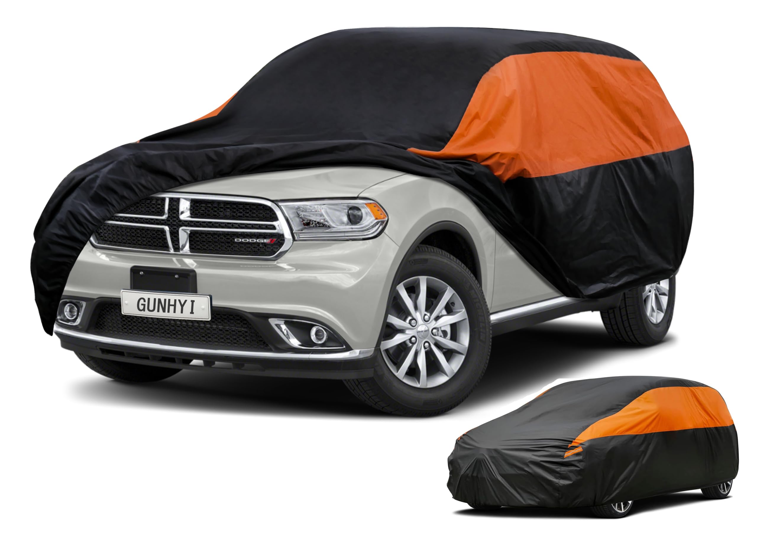 GUNHYI Waterproof Lightweight SUV Full Car Cover Custom Fit Dodge Durango | All‑weather Outdoor sun/rain/dust/snow/wind/UV protection, breathable tear‑resistant fabric, black‑orange design,storage bag