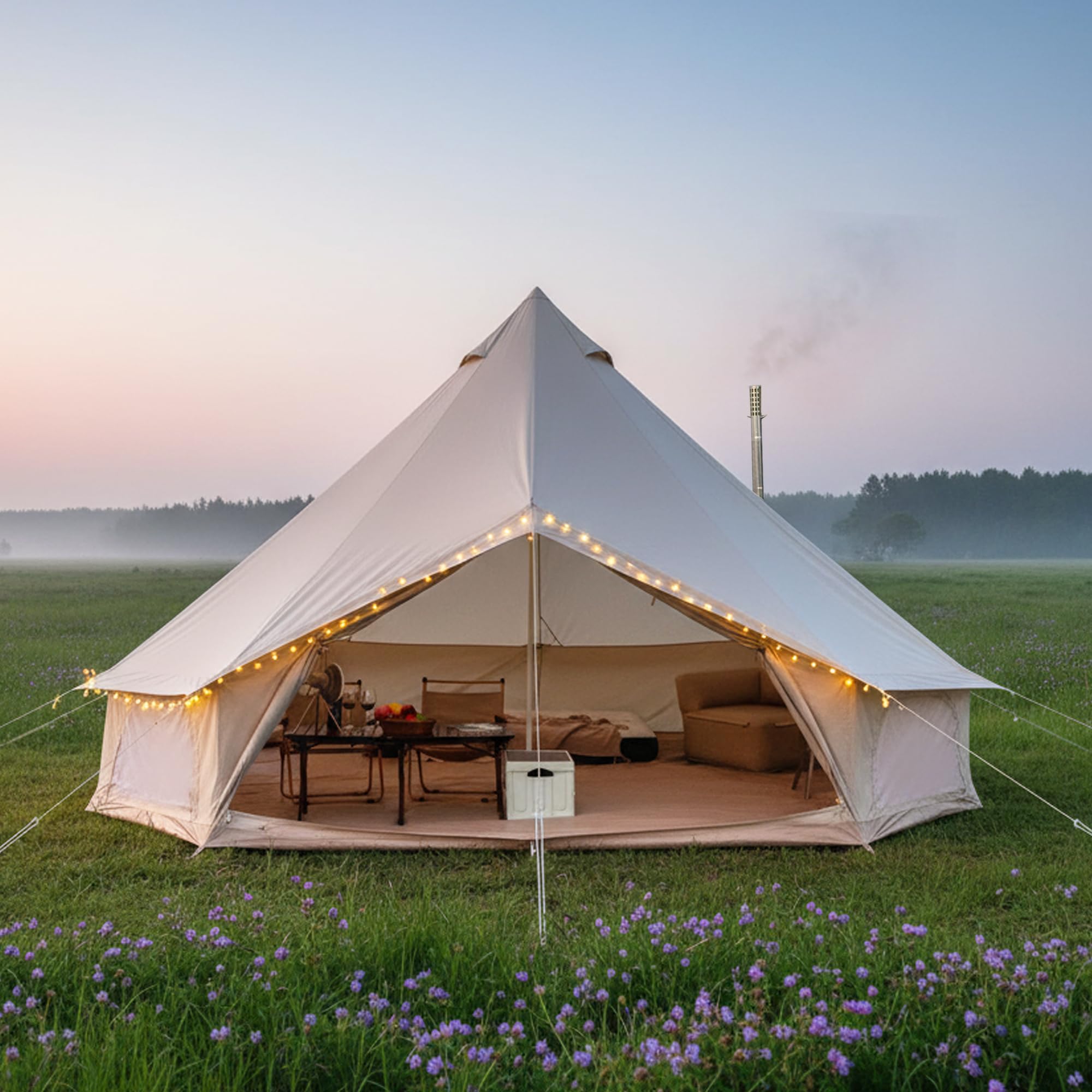 3 m / 4 m / 5 m Glockenzelt,4-Jahreszeiten Glamping Jurte für Camping, mit Ofendurchführung, Aufbewahrungstaschen, Dachfenster, Dachlüftungen, Netzfenstern